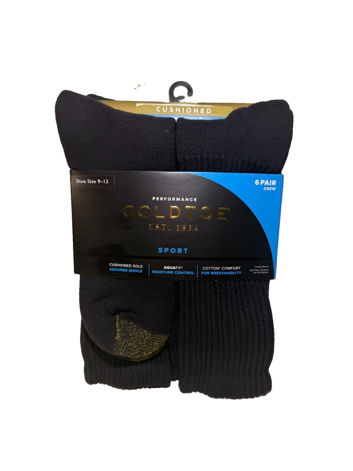 New Goldtoe Men 6 Pack Performance Premium Cushioned Black Crew Socks Sizes 9-12