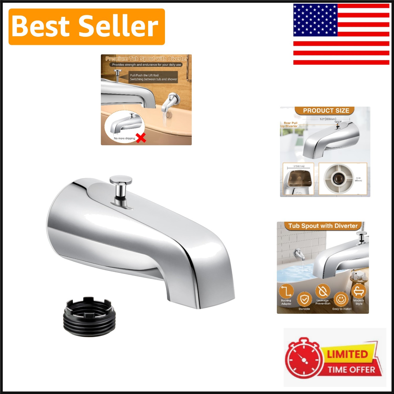 Elegant Chrome Bathtub Spout with Convenient Rear Diverter, 1/2 & 3/4 Inch Fit