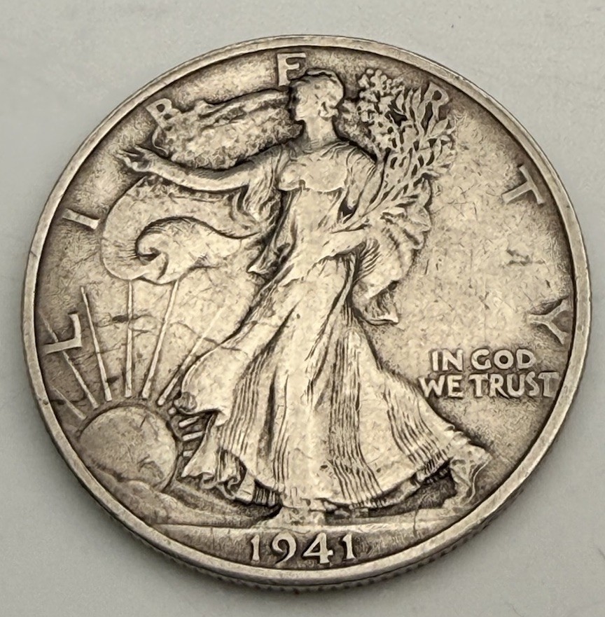 1941-S Walking Liberty Half Dollar Coin Beautiful VF– 90% Silver –12.5g