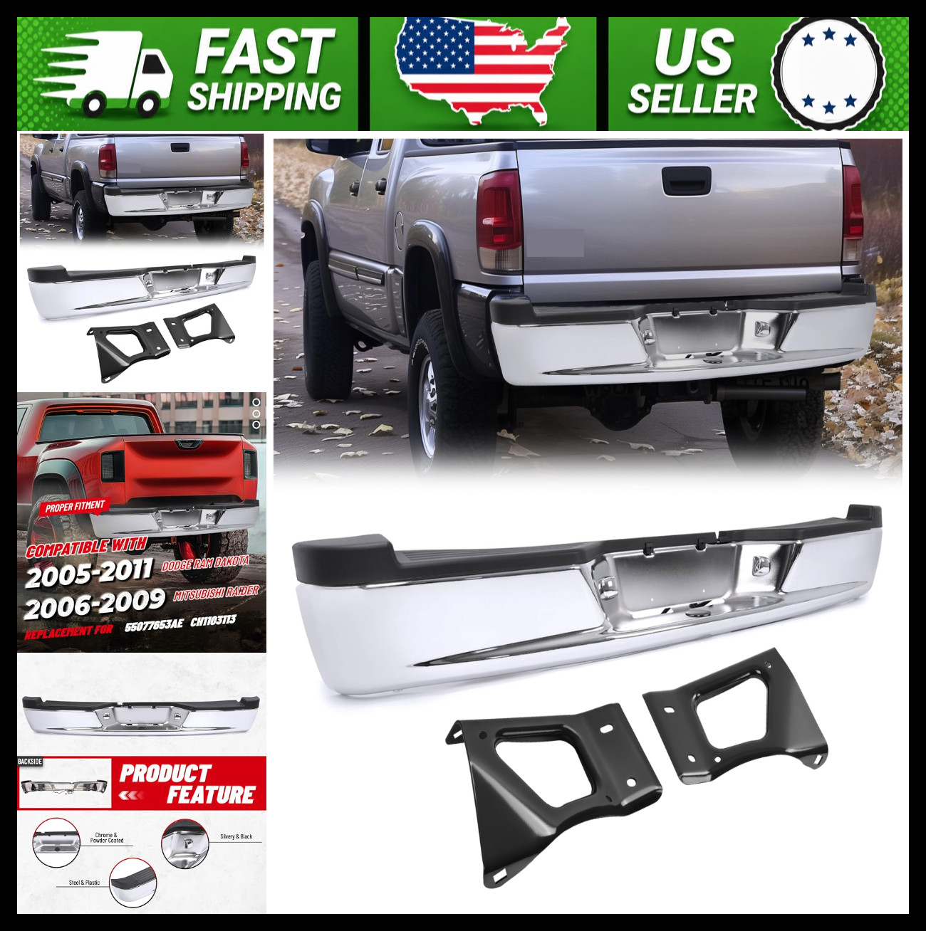 HECASA Rear Step Bumper Assembly for 05-11 Dodge Dakota 06-09 Mitsubishi Raider