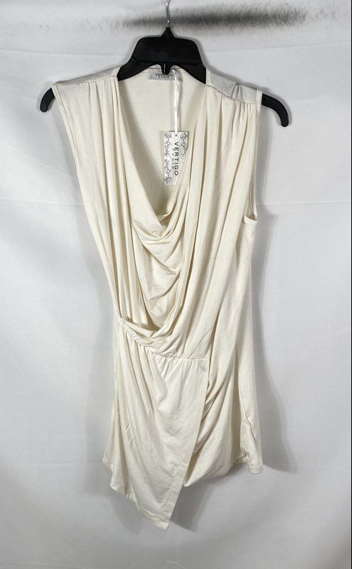 Vertigo Paris Women\'s Cream Cowl Neck Draped Asymmetrical Tunic Dress NWT Sz L
