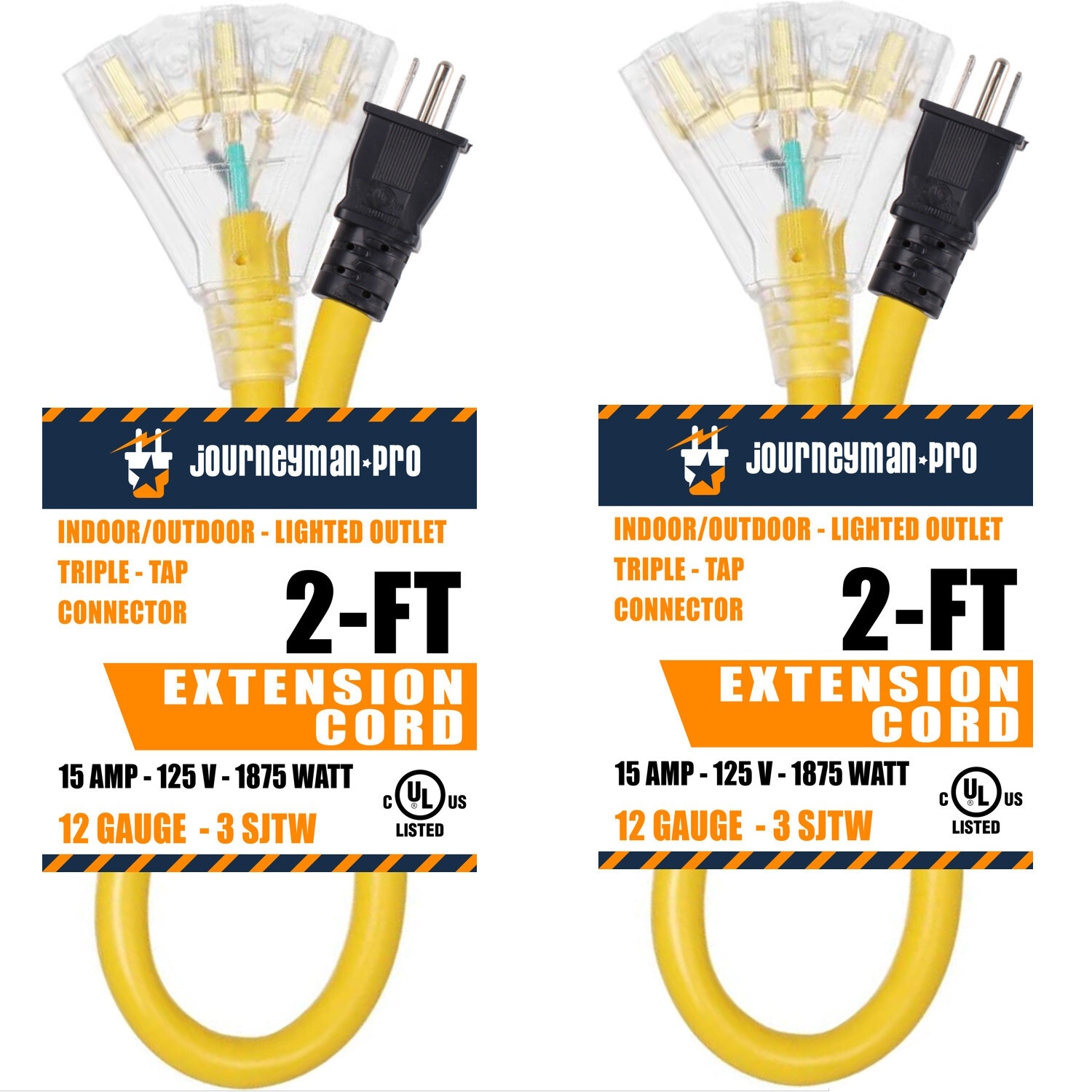 2-Pack 2Ft LIT Short Heavy Duty Extension Cord Tri-Tap Power Splitter 12/3 AWG 2-Pack 2Ft LIT Short Heavy Duty Extension Cord Tri-Tap Power Splitter 12/3 AWG