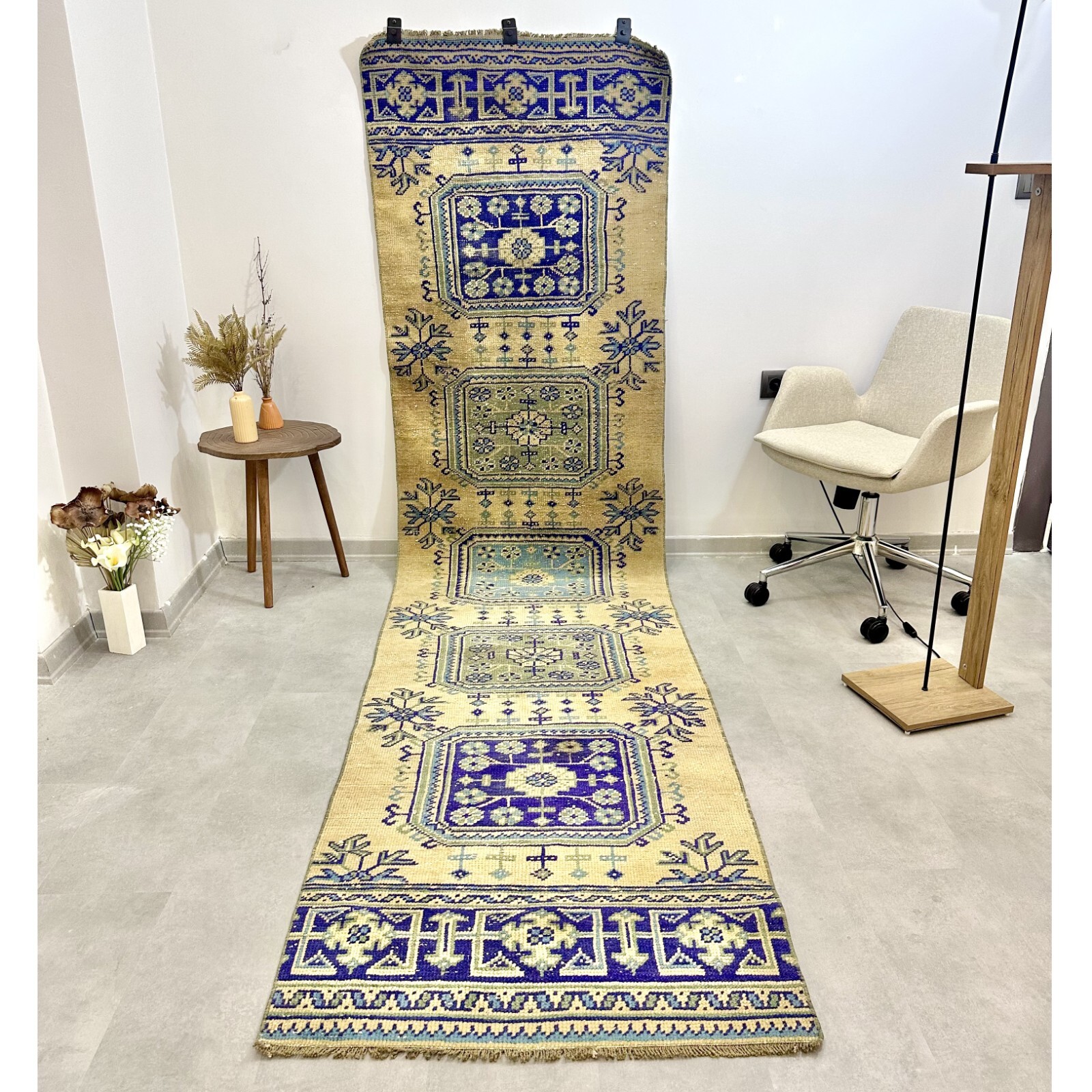 3x11 Floral Yellow Vintage Runner, Turkish Oushak Runner, Handmade Wool Rug 3x11 Floral Yellow Vintage Runner, Turkish Oushak Runner, Handmade Wool Rug