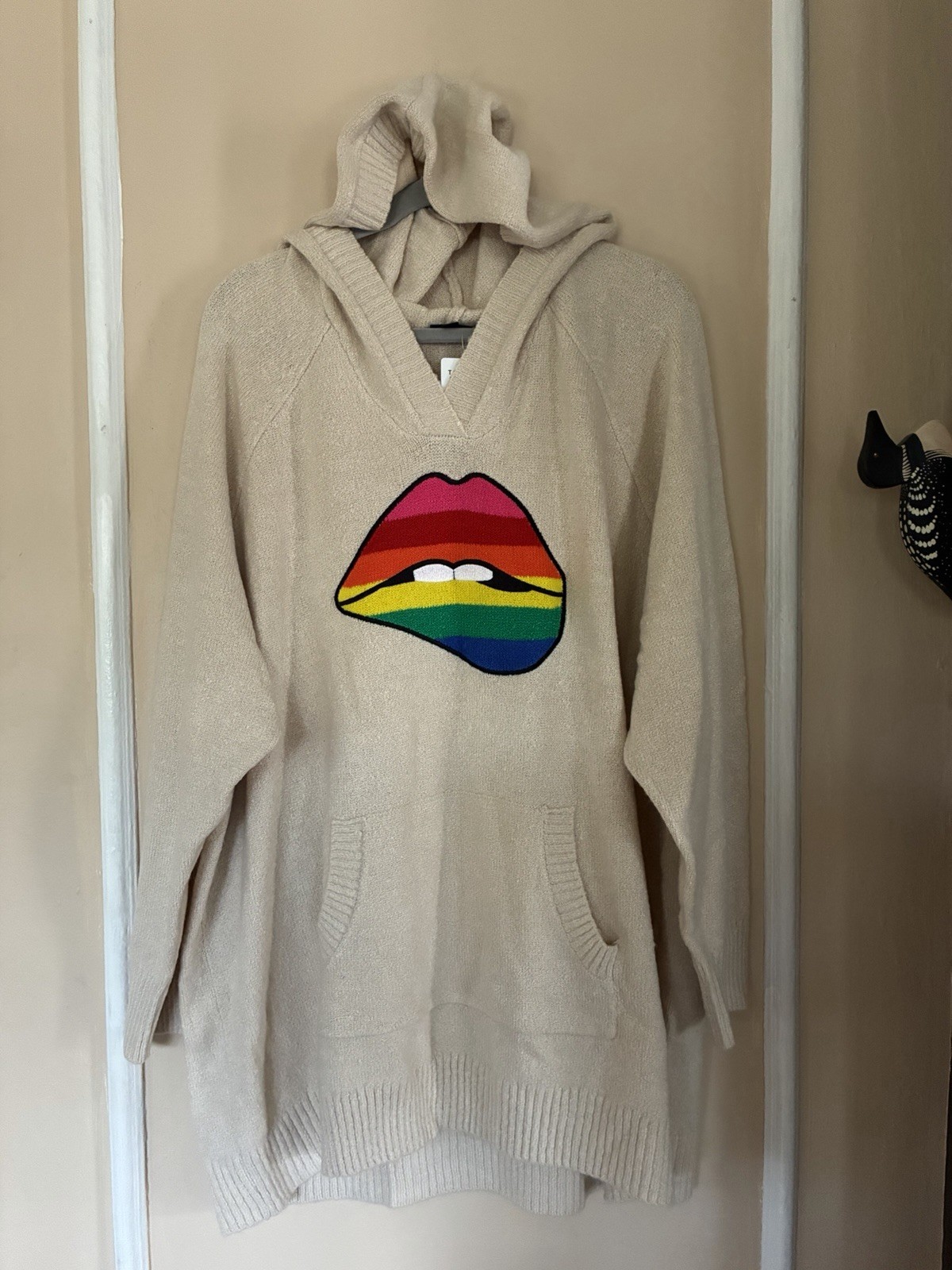 Torrid Plus 3X Beige Knit Hoodie Rainbow Lips Graphic Pockets Pullover