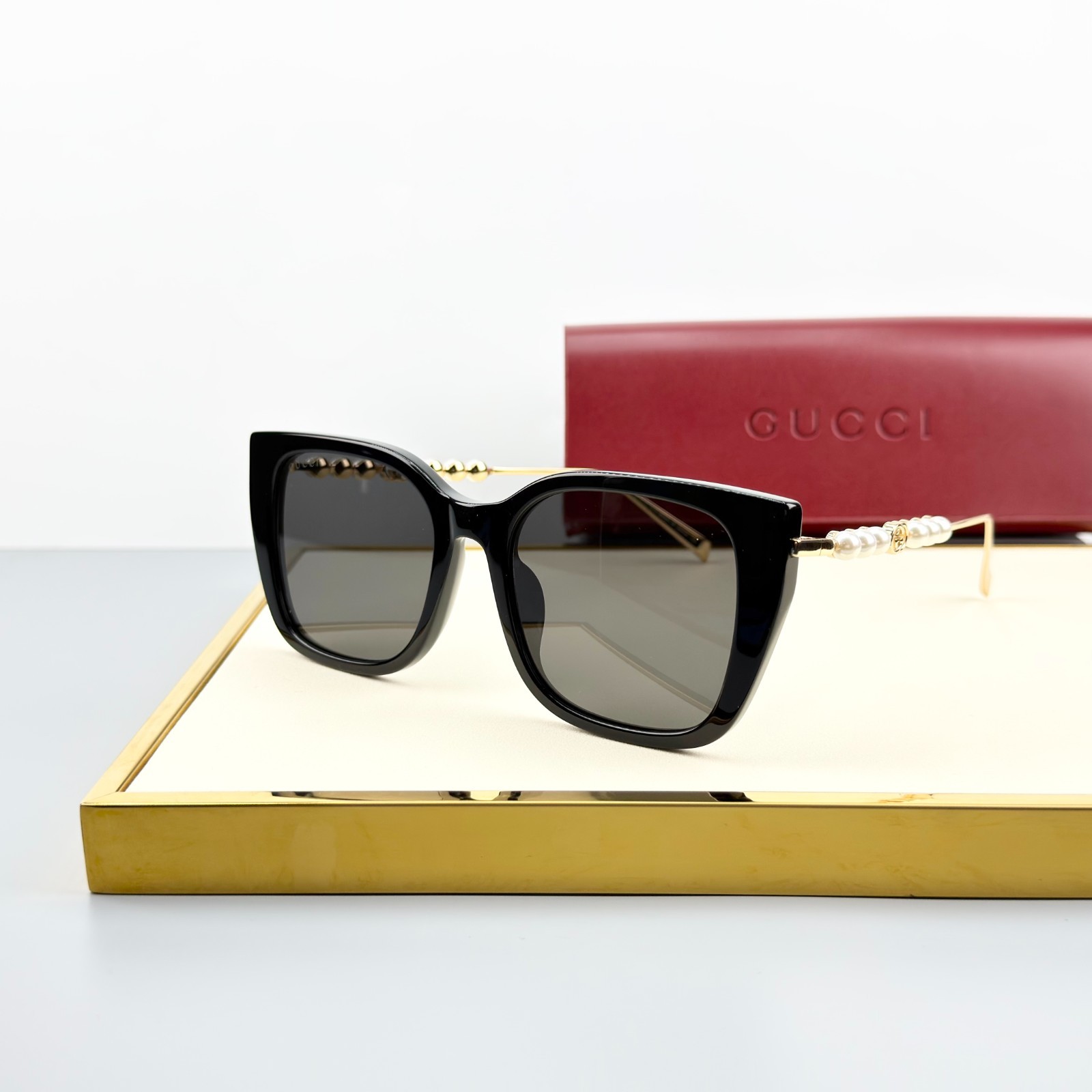 Gucci GG1971SA 001 Black Gold Pearl Gray Lens Women\'s Sunglasses New Gucci GG1971SA 001 Black Gold Pearl Gray Lens Women\'s Sunglasses New