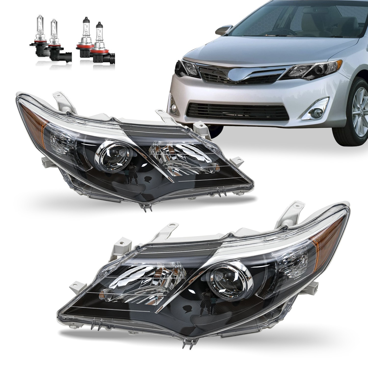 For 2012-2014 Toyota Camry Right+Left Headlights Halogen Type Headlamps w/Bulbs