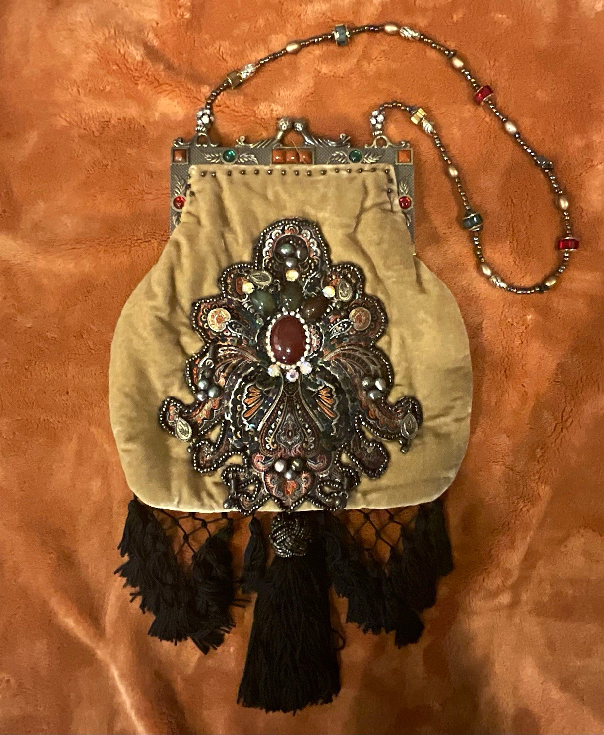 Mary Frances Women’s Beige Velvet Beaded Frame Purse with Black Tassels Mary Frances Women’s Beige Velvet Beaded Frame Purse with Black Tassels
