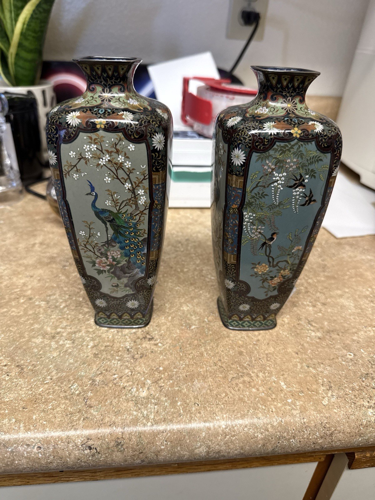 Pair Stunning Japanese Cloisonne Vases. Rare Pure Silver Peacock Birds Art Pair Stunning Japanese Cloisonne Vases. Rare Pure Silver Peacock Birds Art