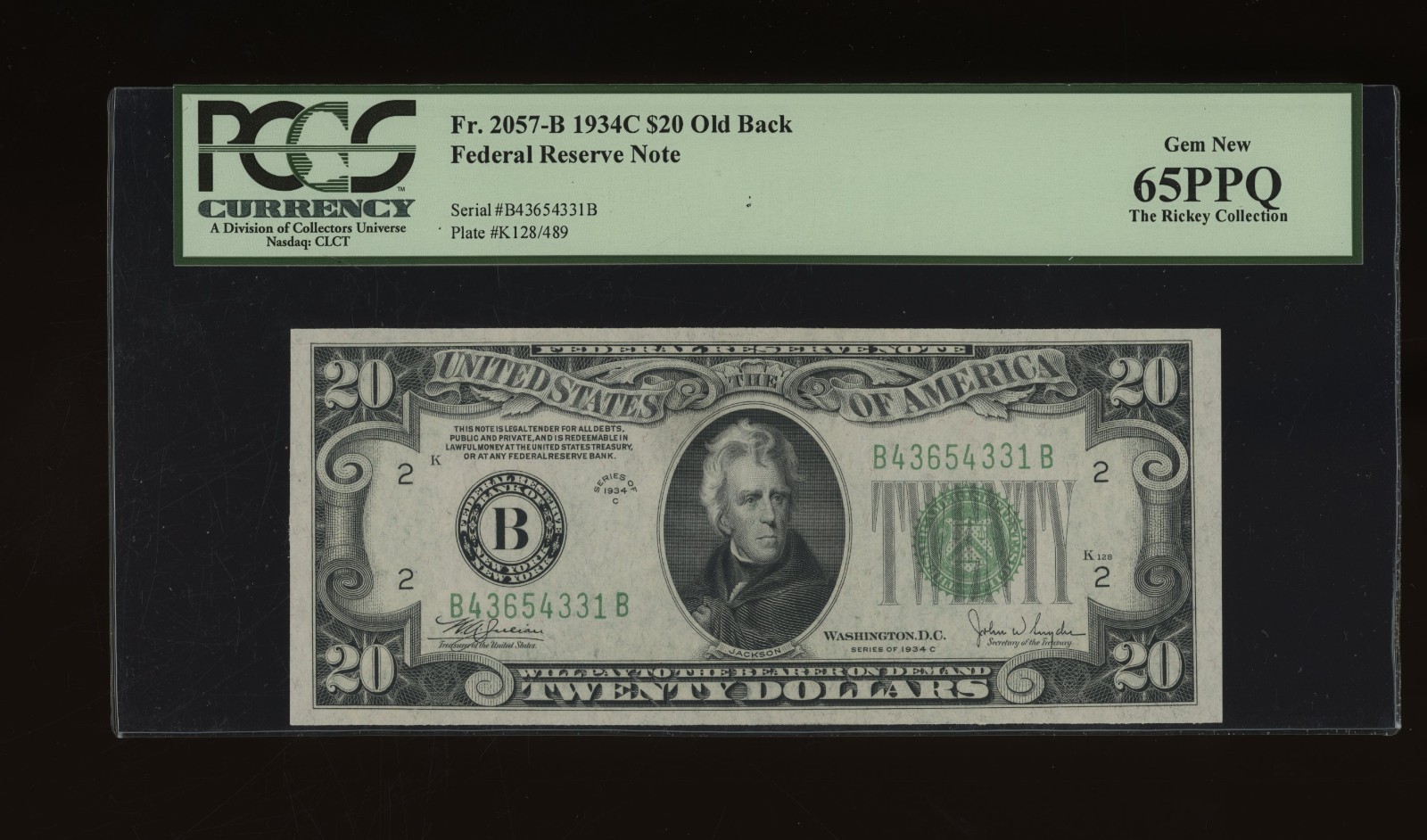 DBR 1934-C $20 FRN New York Old Back Fr. 2057-Bob PCGS 65 PPQ Serial B43654331B