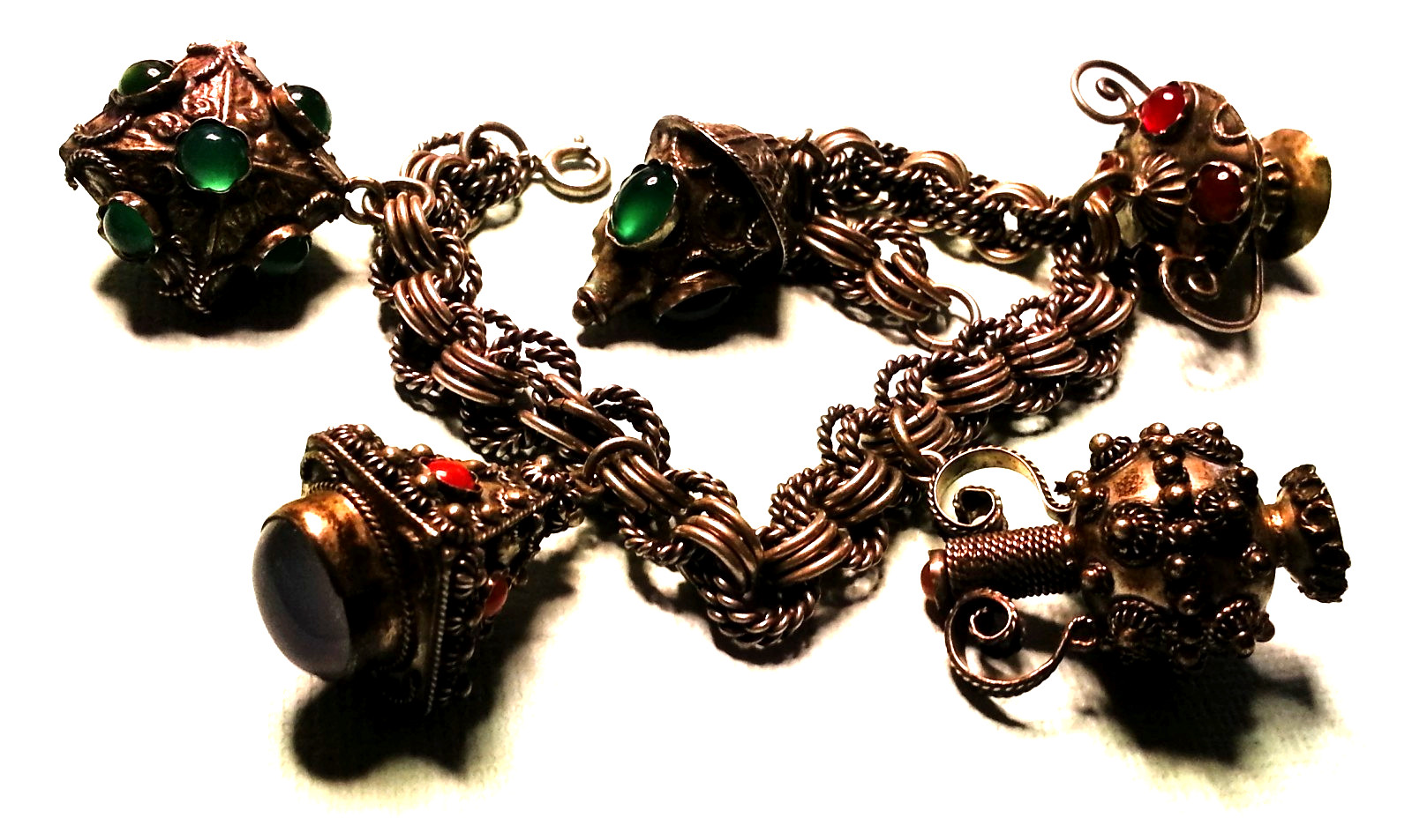 Vintage Etruscan Revival 800 Silver Bracelet With (5) Fob Charms, 7.75\
