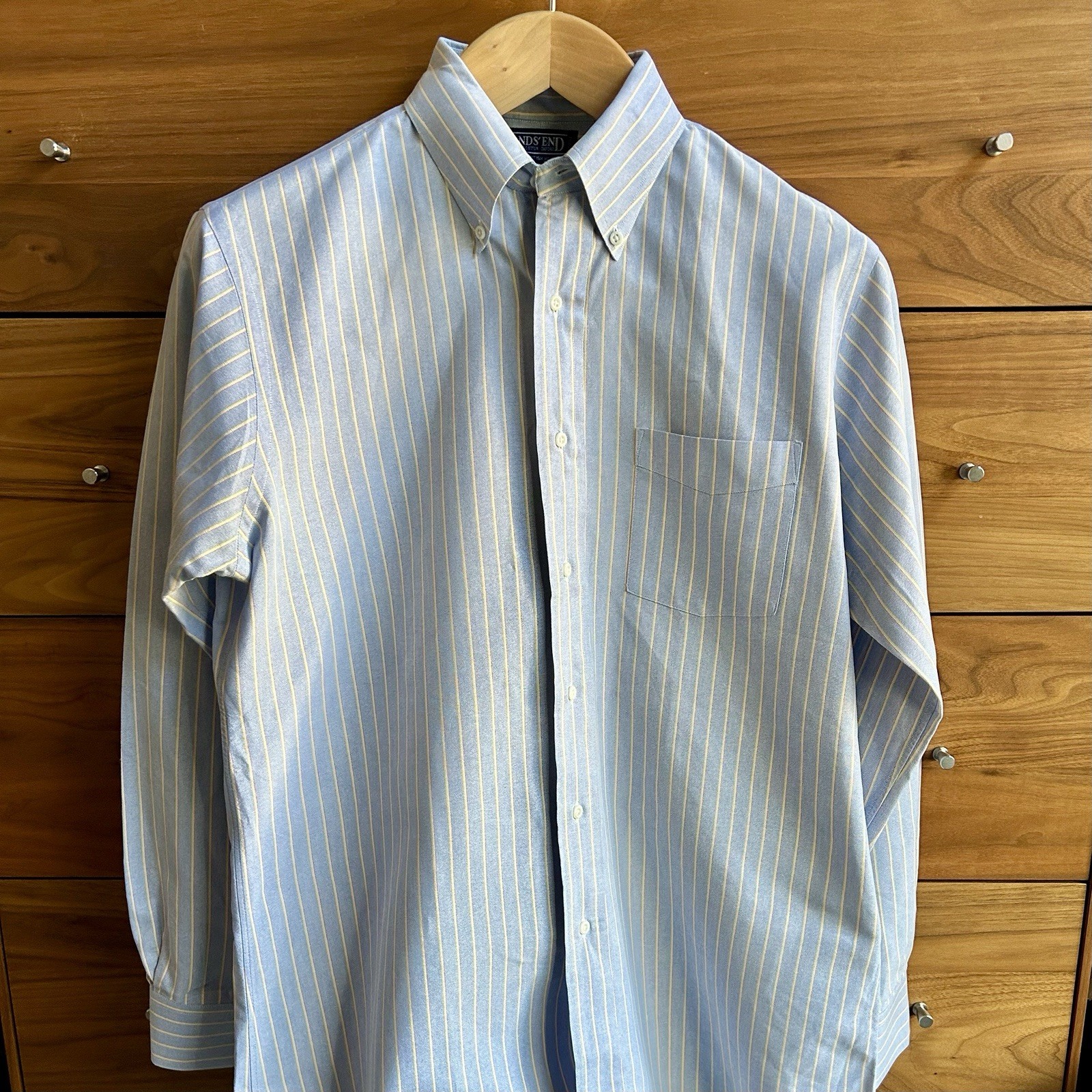Vintage Lands\' End Oxford Shirt Mens 16 34 Blue Yellow Burgundy Stripe OCBD Lrg
