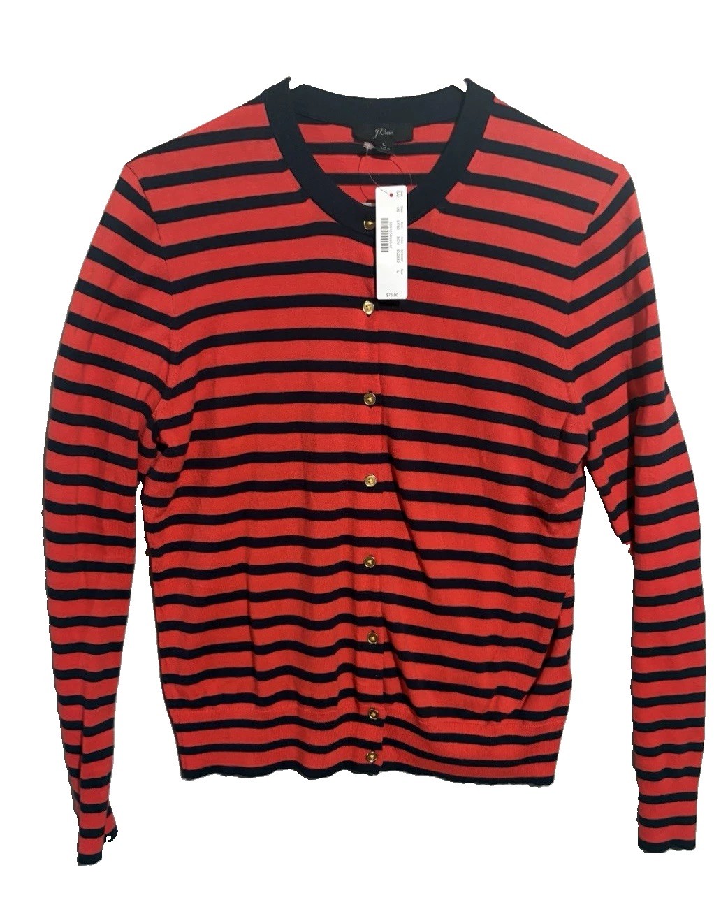 J.Crew Women\'s L Red/Blue Striped Crew Neck Button-Front Cardigan Long Sleeve J.Crew Women\'s L Red/Blue Striped Crew Neck Button-Front Cardigan Long Sleeve