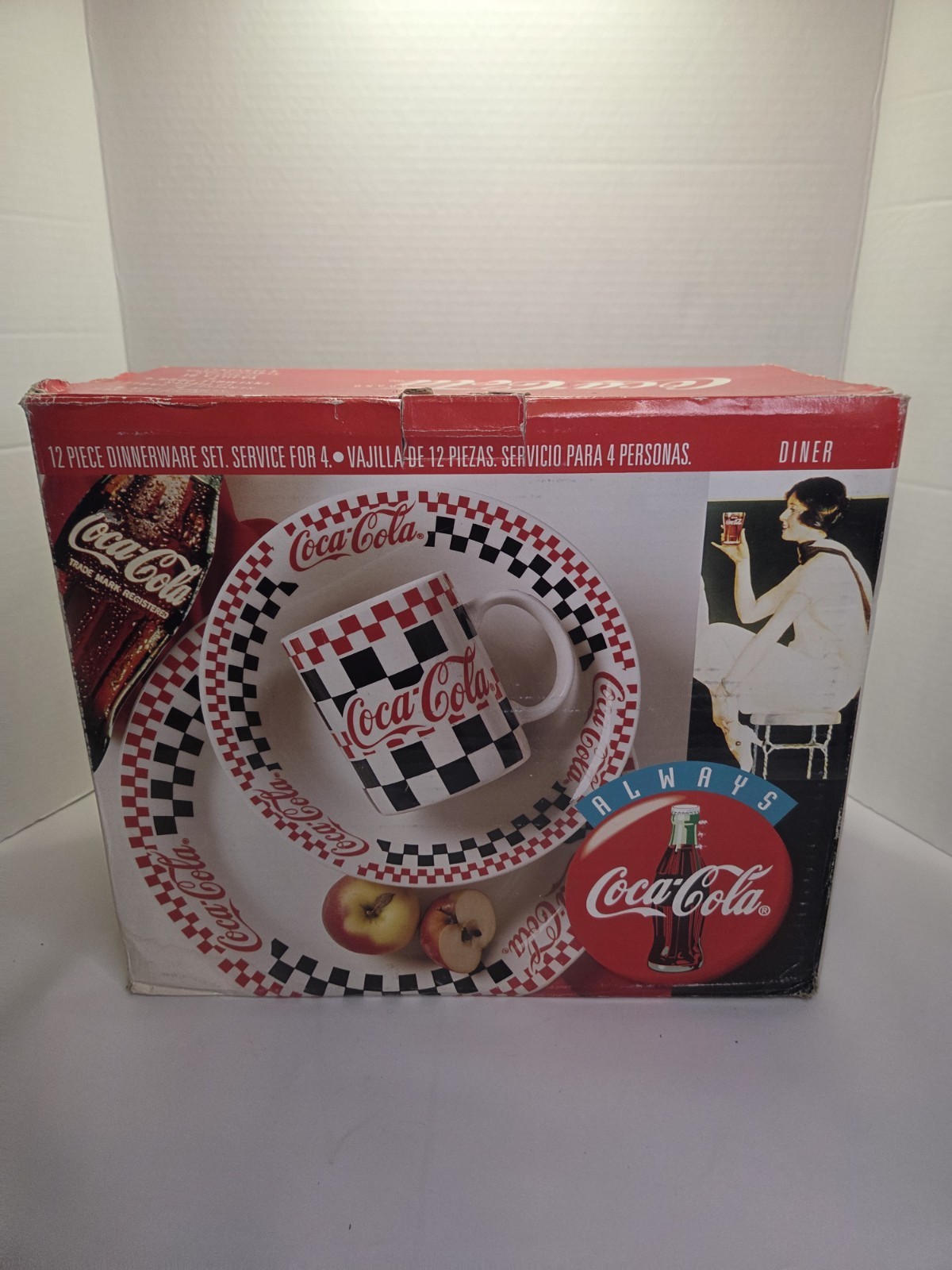 Vintage 1996 Gibson Coca Cola Checkered 12 Piece Dinnerware Set In Box 