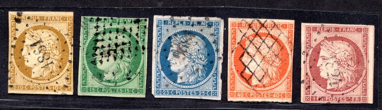 FRANCE 1849-50 FIRST ISSUES TO 1 FRANC SCOTT #1, 2, 6, 7, 9 LIGHT CANCELS
