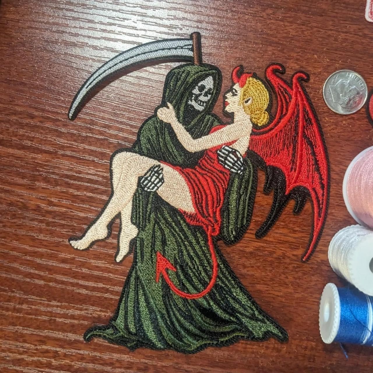 Grim Reaper She Devil Patch Goth Punk Biker Horror Embroidered Iron On 5x4 Grim Reaper She Devil Patch Goth Punk Biker Horror Embroidered Iron On 5x4