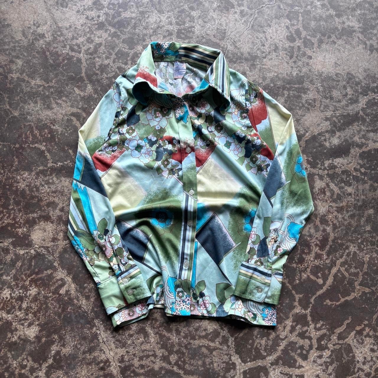 Vintage 70s Abstract Geometric Disco Blouse Green Double Knit Button Up Large