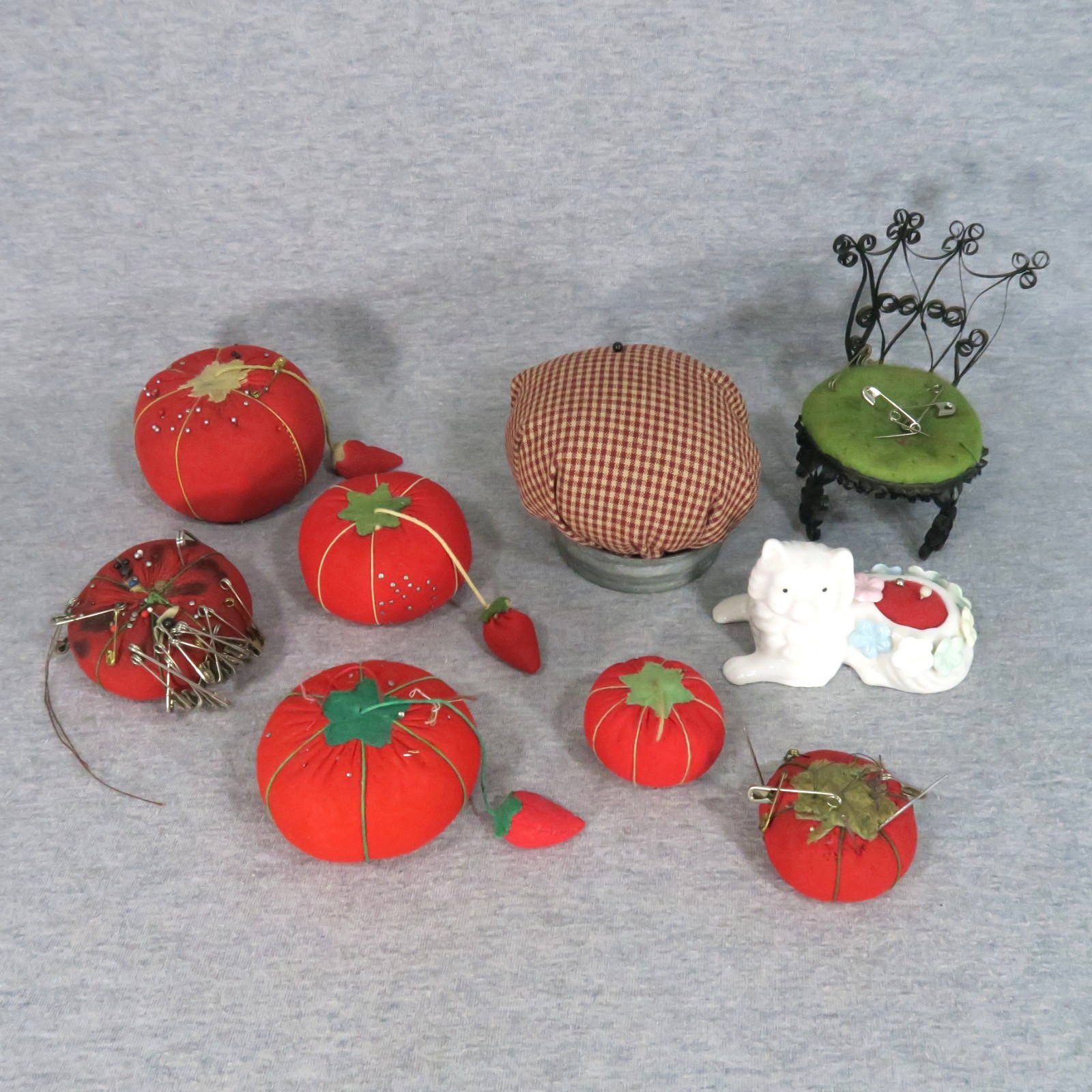 Vintage Pin Cushion Lot of 9 Tomatoes Chair Cat Retro Sewing Craft
