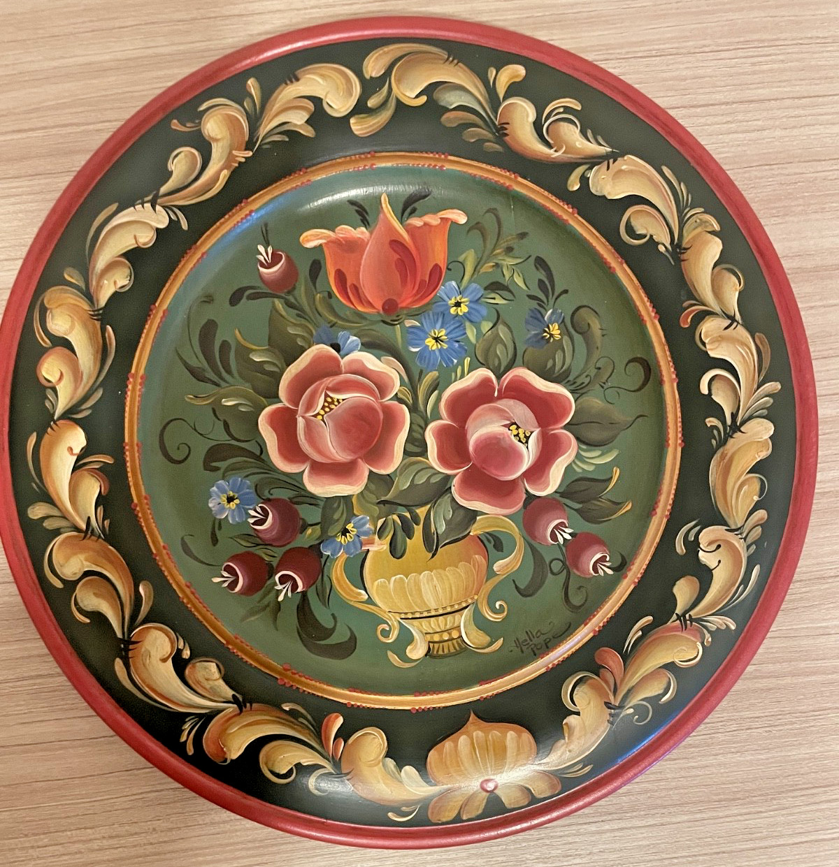 SIGNED Vintage Norwegian Rosemaling Hand-Painted Wood Plate Nordic Folk Art 12\