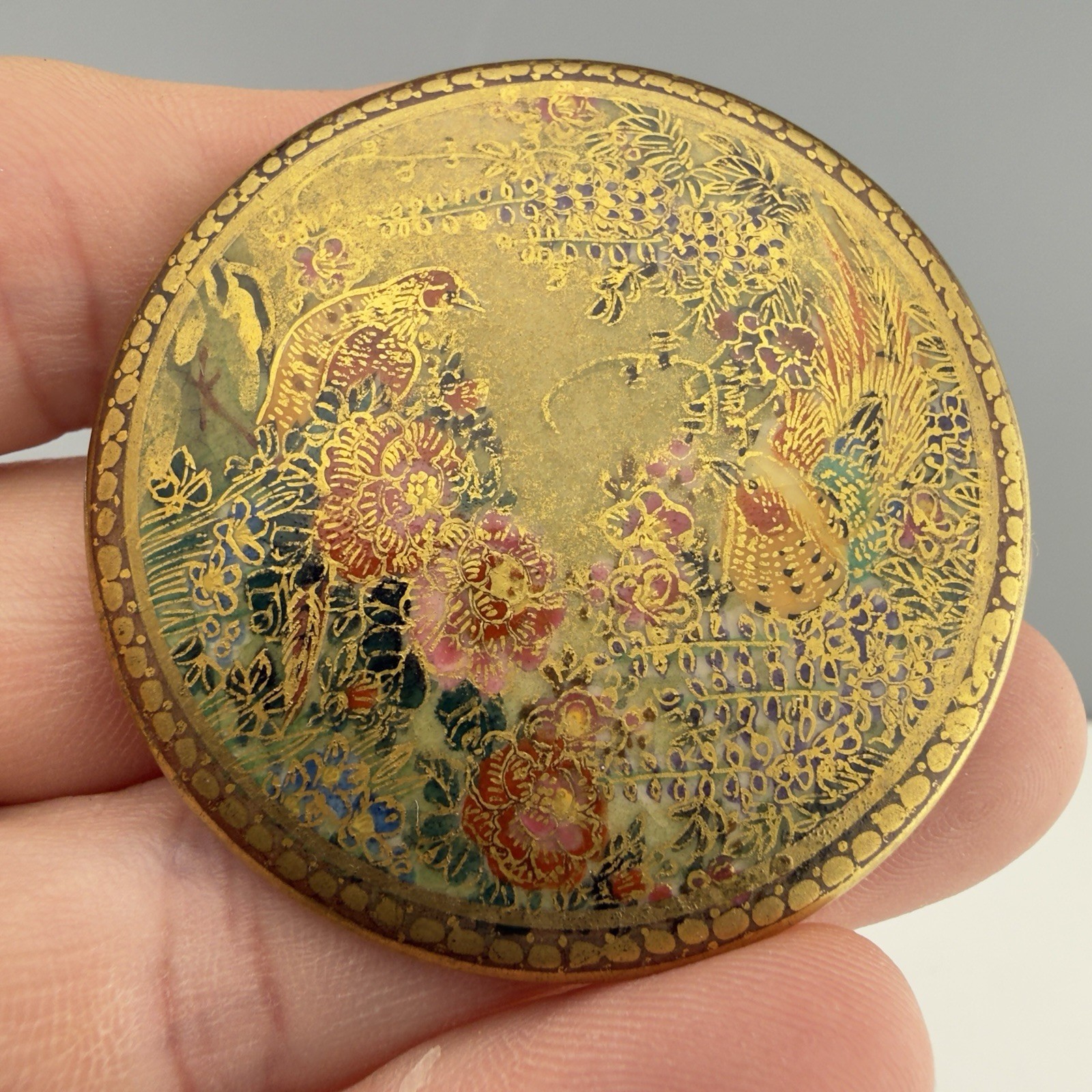 Vintage Japanese Satsuma Brooch Hand Painted Porcelain Floral Gold Tone