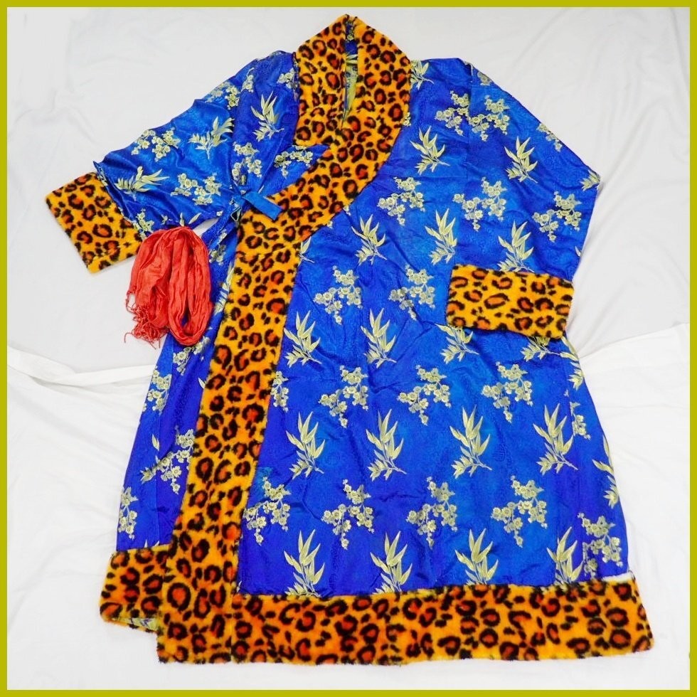Antique Tibetan Traditional Robe Gown with Belt Blue Floral Leopard Pattern
