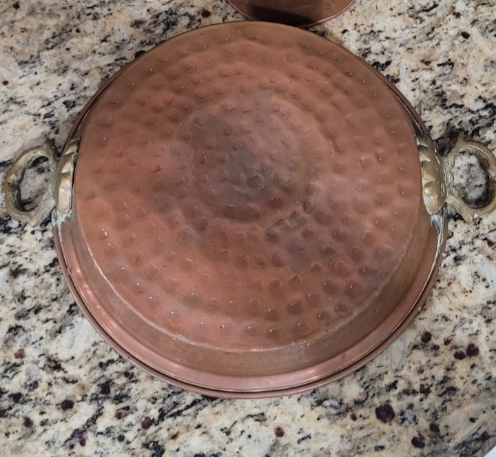 Vintage French Copper Gratin Pan Hand Hammered Tin Lined Brass Handles 9 Inch