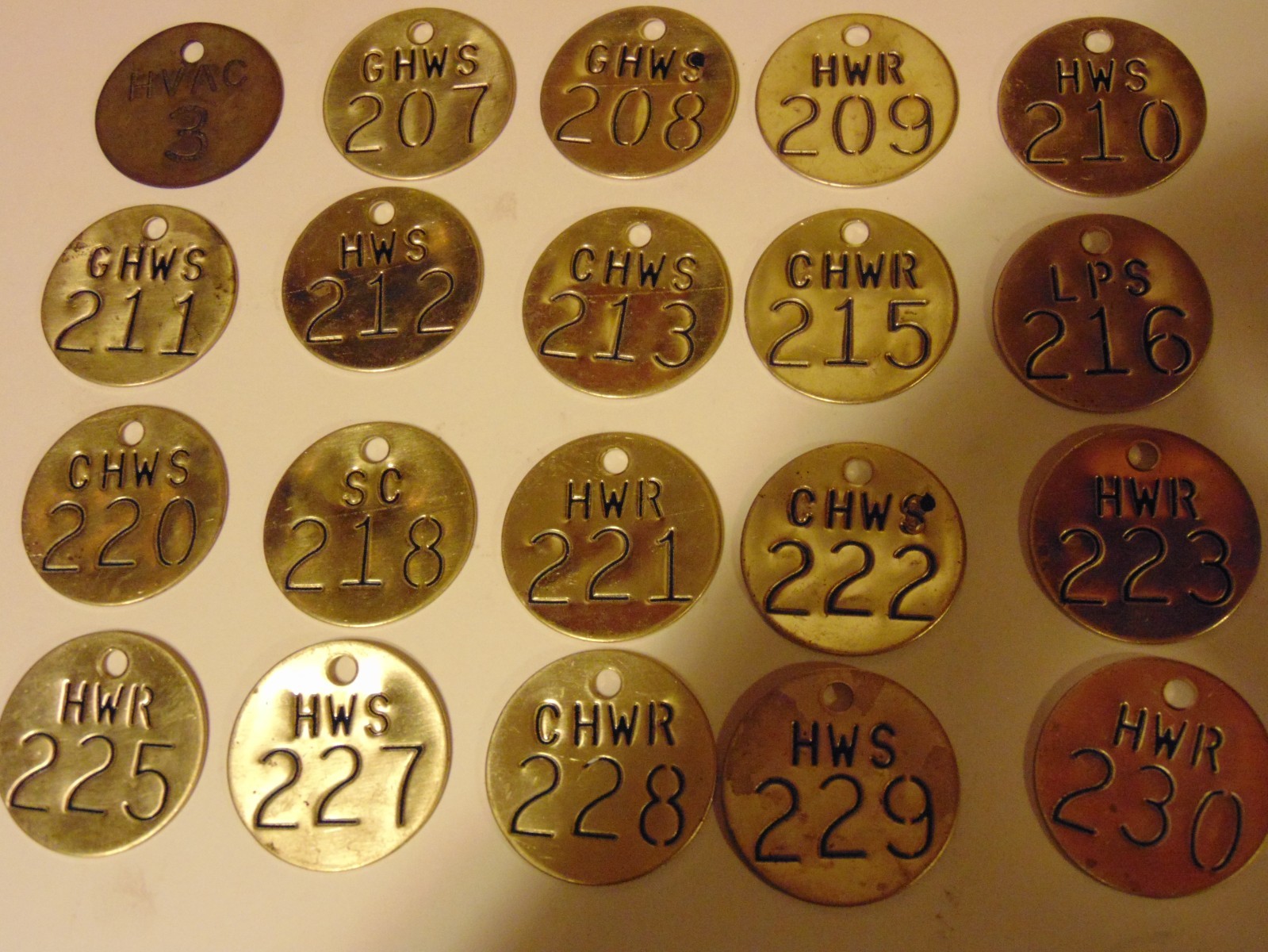 Lot of 20 used vintage misc Industrial Brass numbered tags 1.5 inch diameter Lot of 20 used vintage misc Industrial Brass numbered tags 1.5 inch diameter