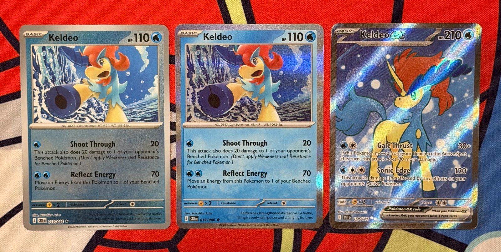 Keldeo EX 159/086 Ultra Rare + 2 (1H +1 RH) Keldeo 019/086 (3-Card Lot) Keldeo EX 159/086 Ultra Rare + 2 (1H +1 RH) Keldeo 019/086 (3-Card Lot)