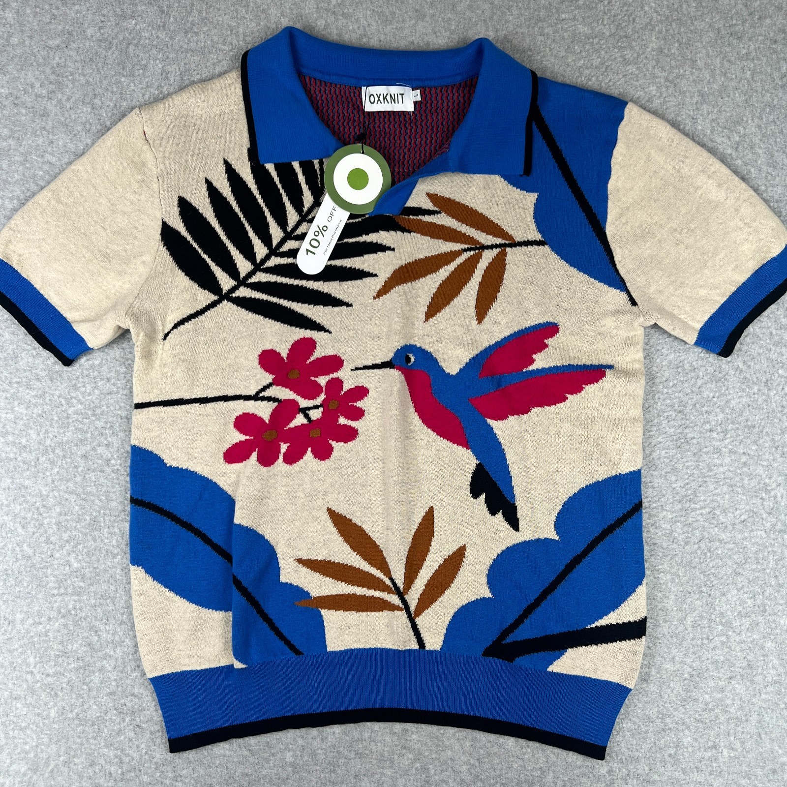 NEW OxKnit Polo Hummingbird Print Anima Retro Large Mens Blue Beige Shirt