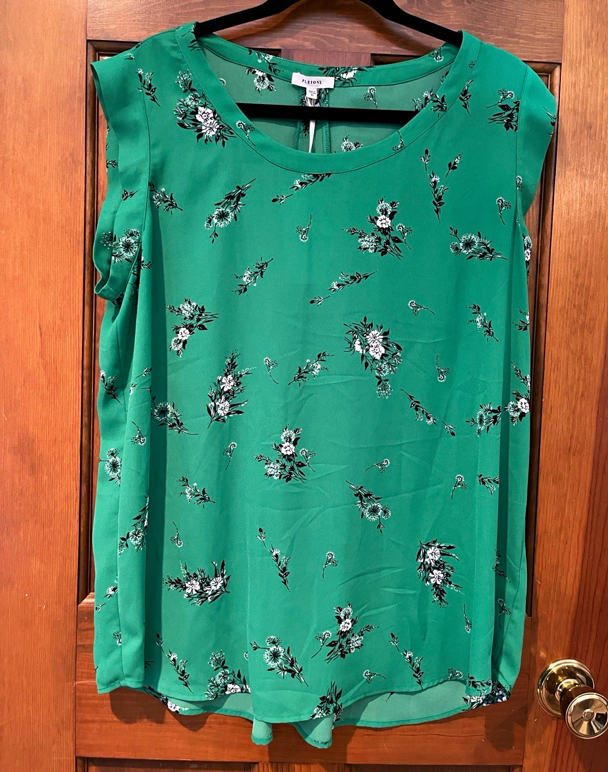 Pleione Women\'s XL Green Floral Chiffon Pleated Round Neck Sleeveless Blouse