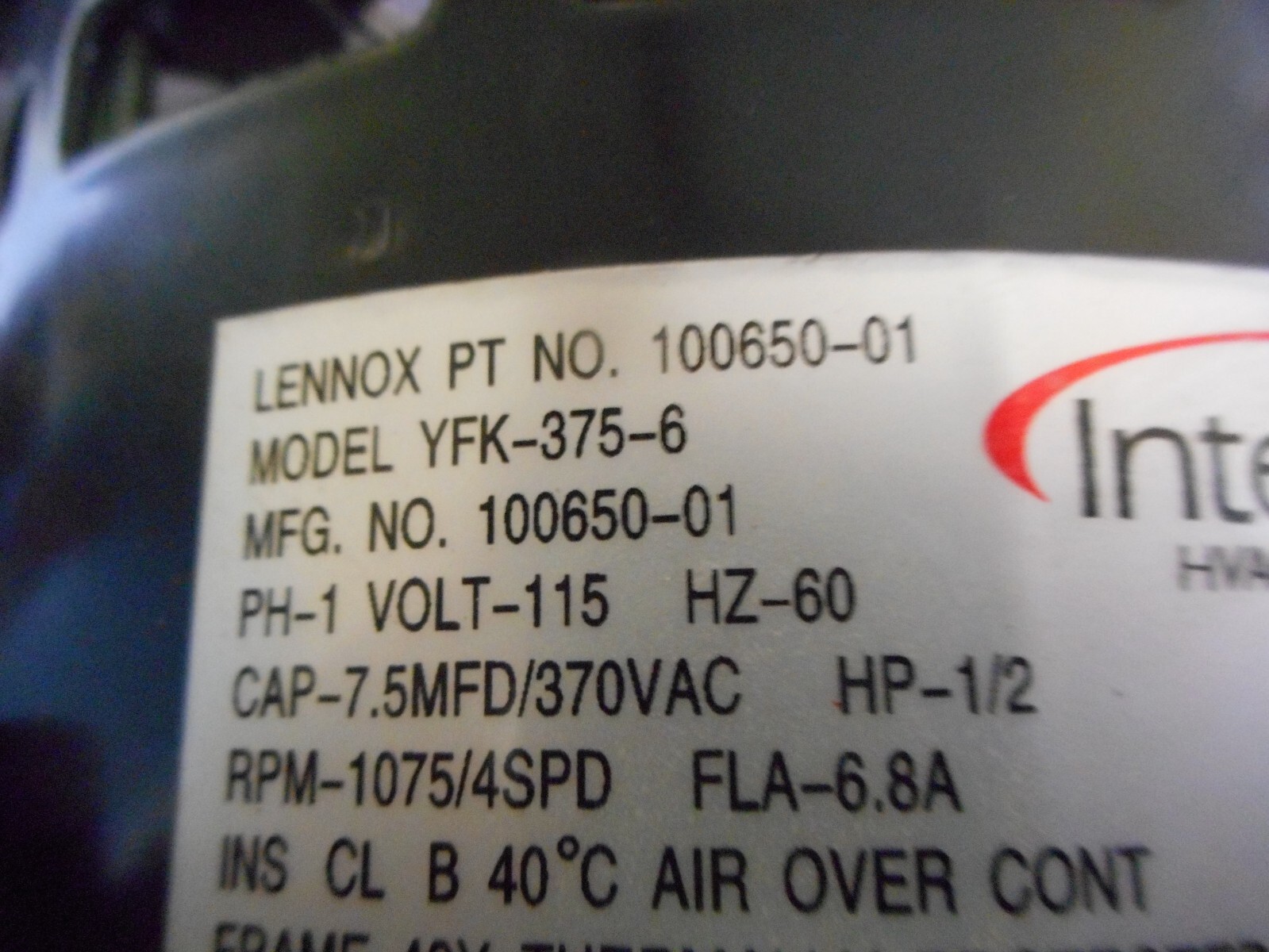 Lennox InterLink 100650-01 Furnace Blower Motor YFK-375-6  1075RPM 4SPD 115V