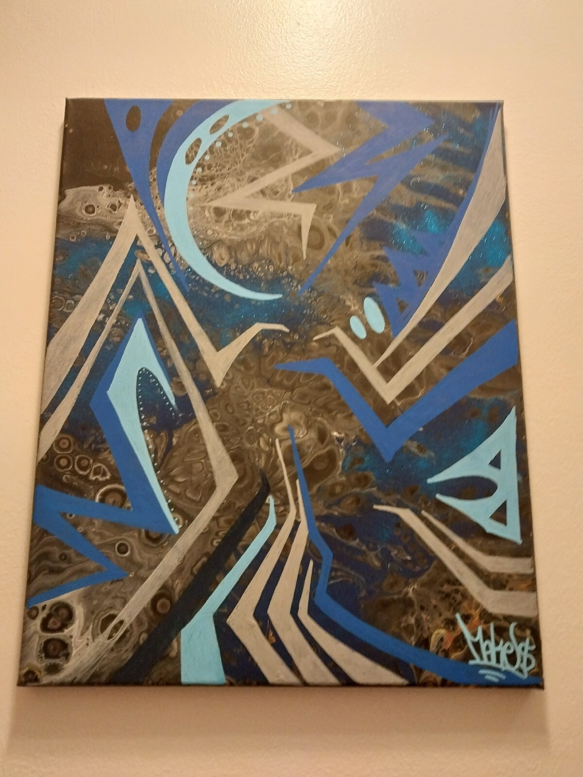 Blue Painting with magical designs - 16 X 20 inch Canvas - Original 