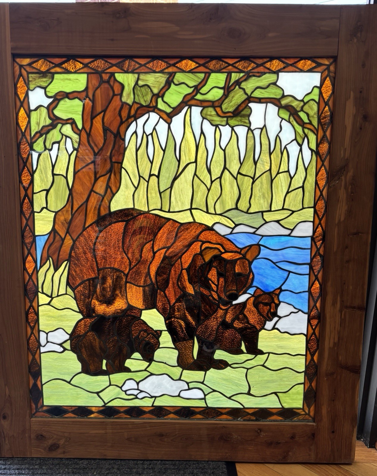 meyda tiffany stained glass window in wood frame bear with cubs springfield MO