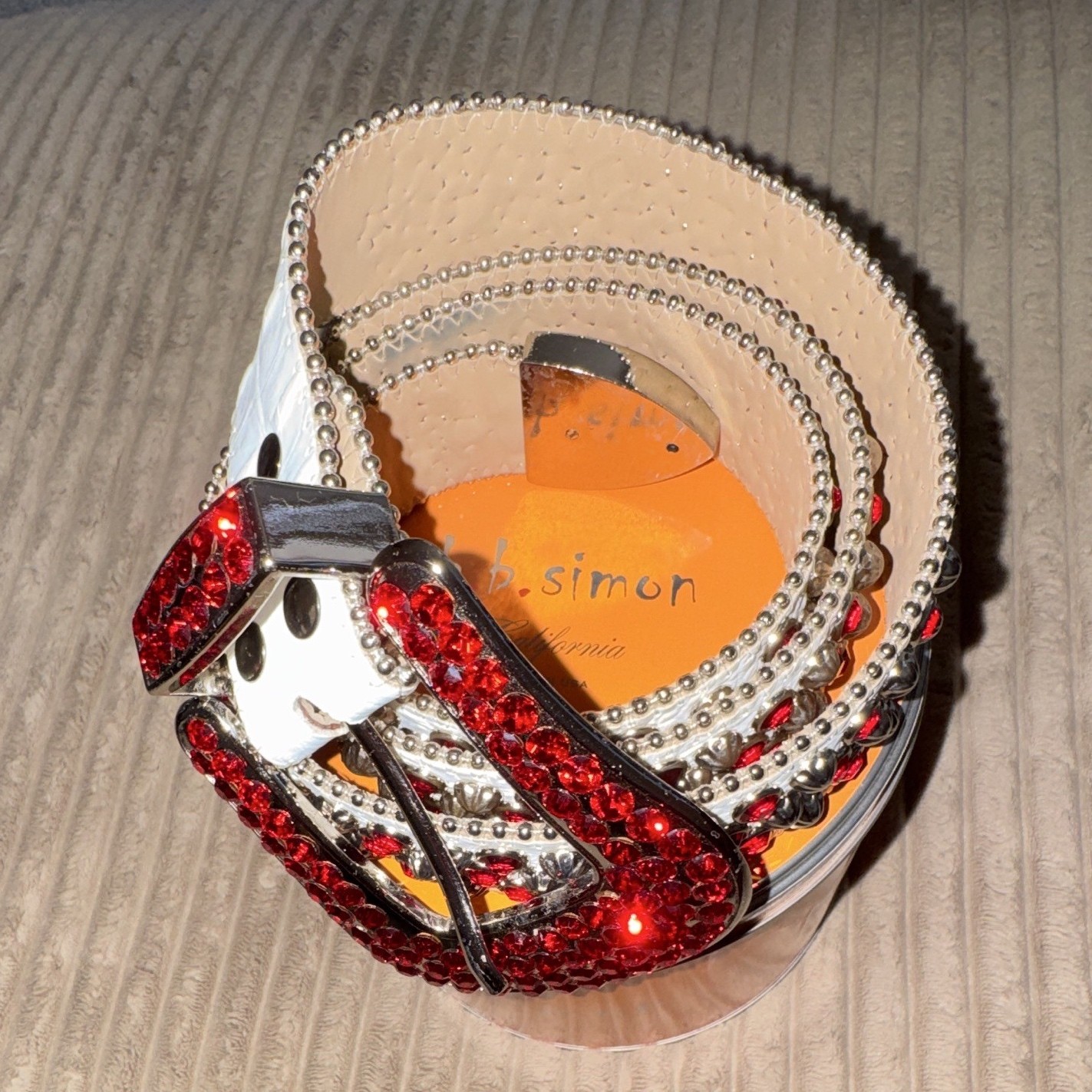 b.b.simon men’s White Bling Belt Red Rhinestone Buckle Studs Adjustable b.b.simon men’s White Bling Belt Red Rhinestone Buckle Studs Adjustable