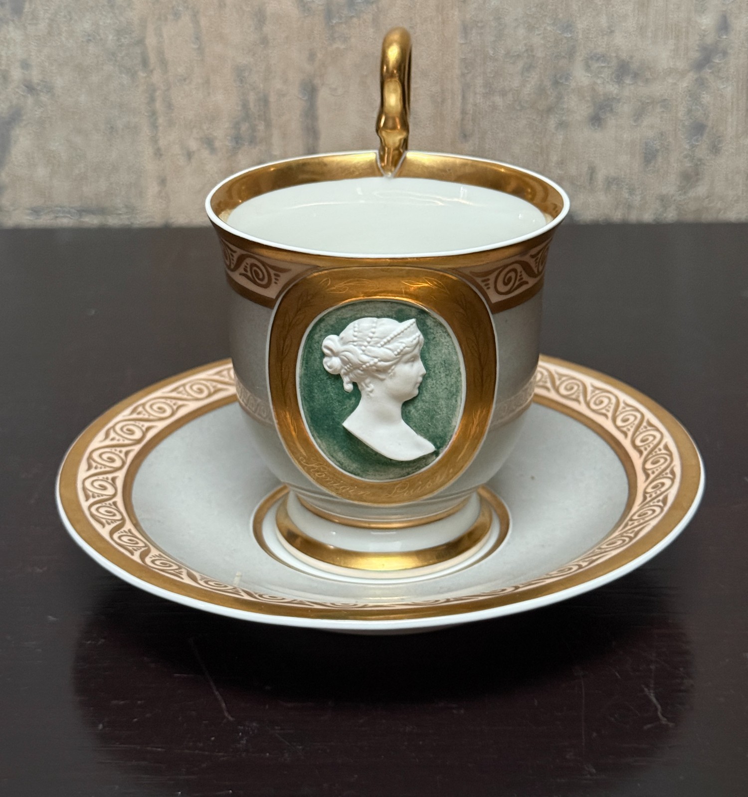 Antique KPM Berlin Porcelain Cameo Cup Saucer Queen Louise Prussia Swan Handle