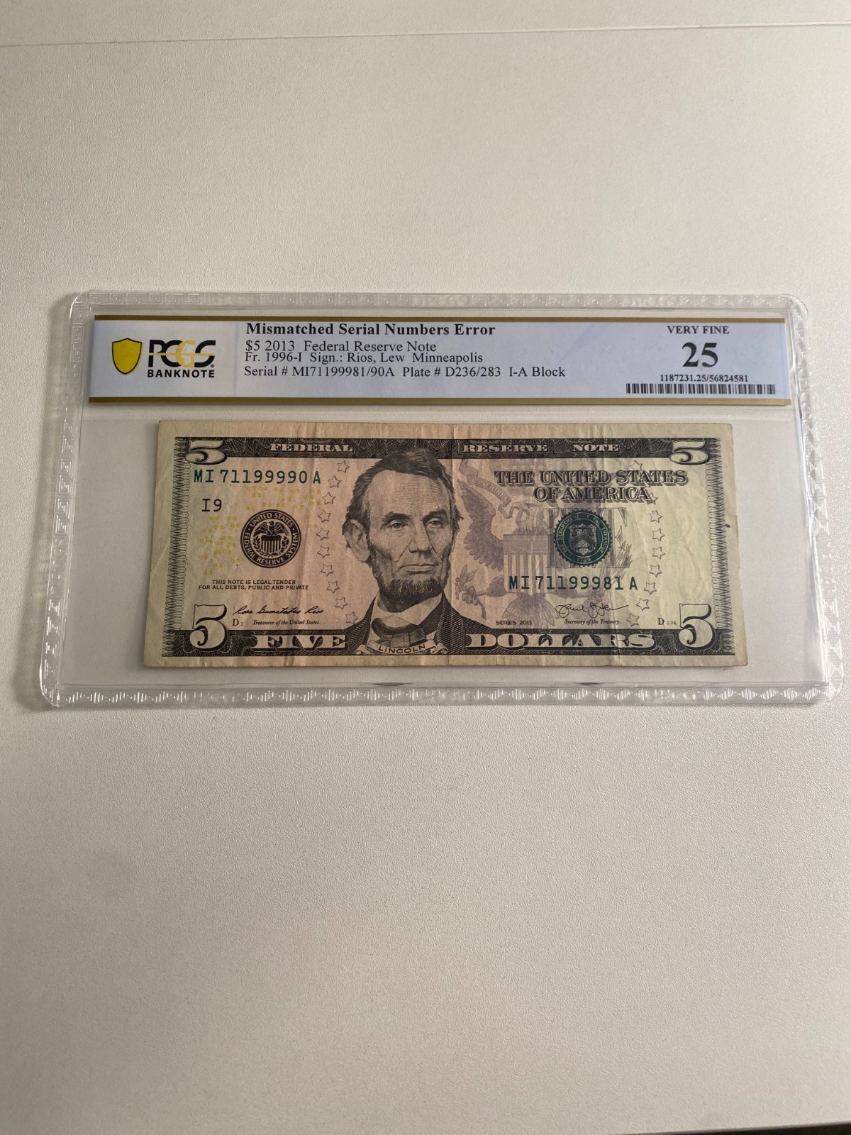 1996 5$ Bill Mismatched Serial Number Error Very Fine 25