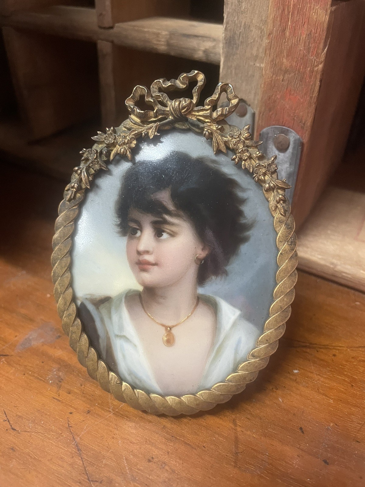 19th C  Miniature Enamel Painting Portrait Neapolitan Gypsy Fisher Boy Brass