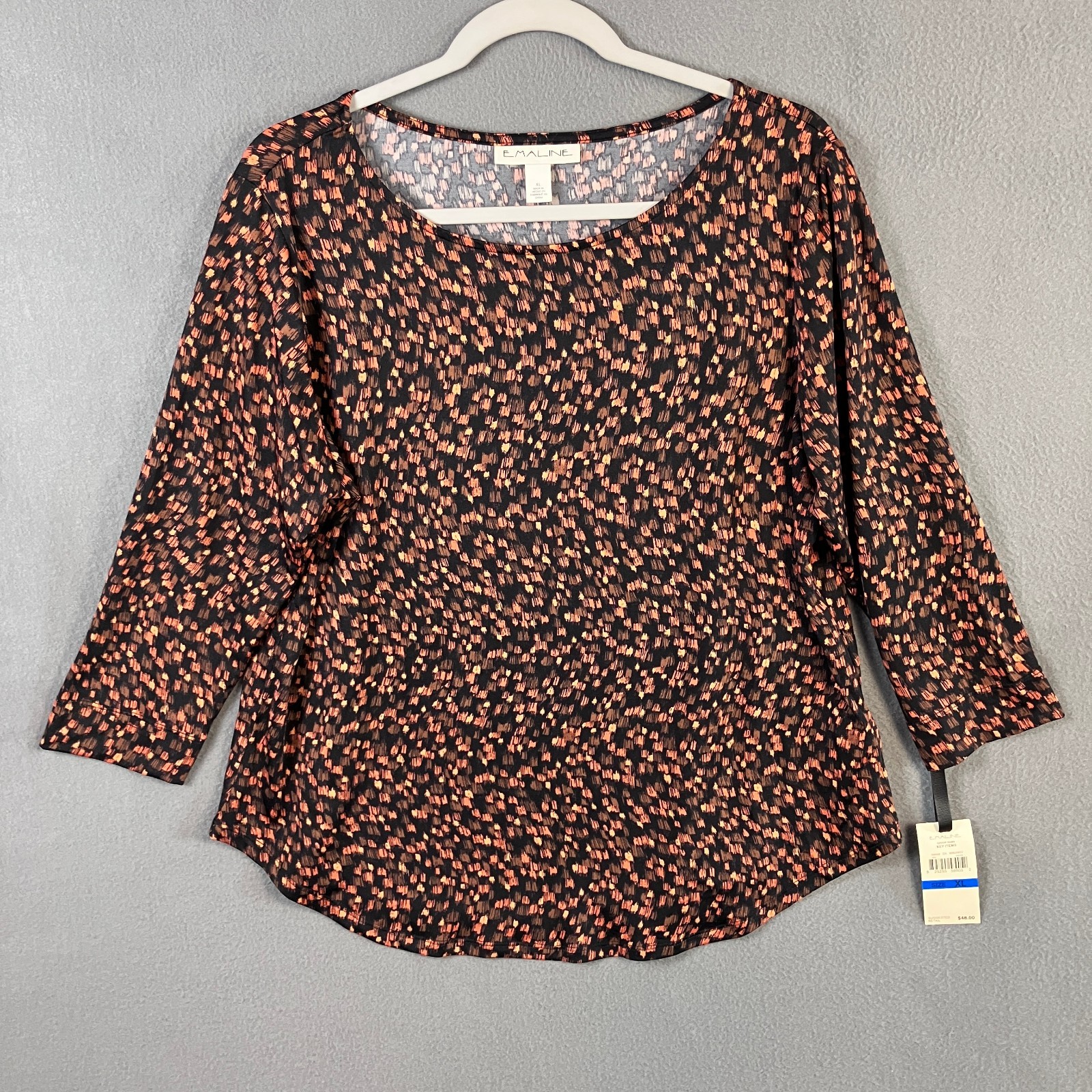 Emaline Womens Abstract Blouse Top Size XL Black 3/4 Sleeve Stretch NWT
