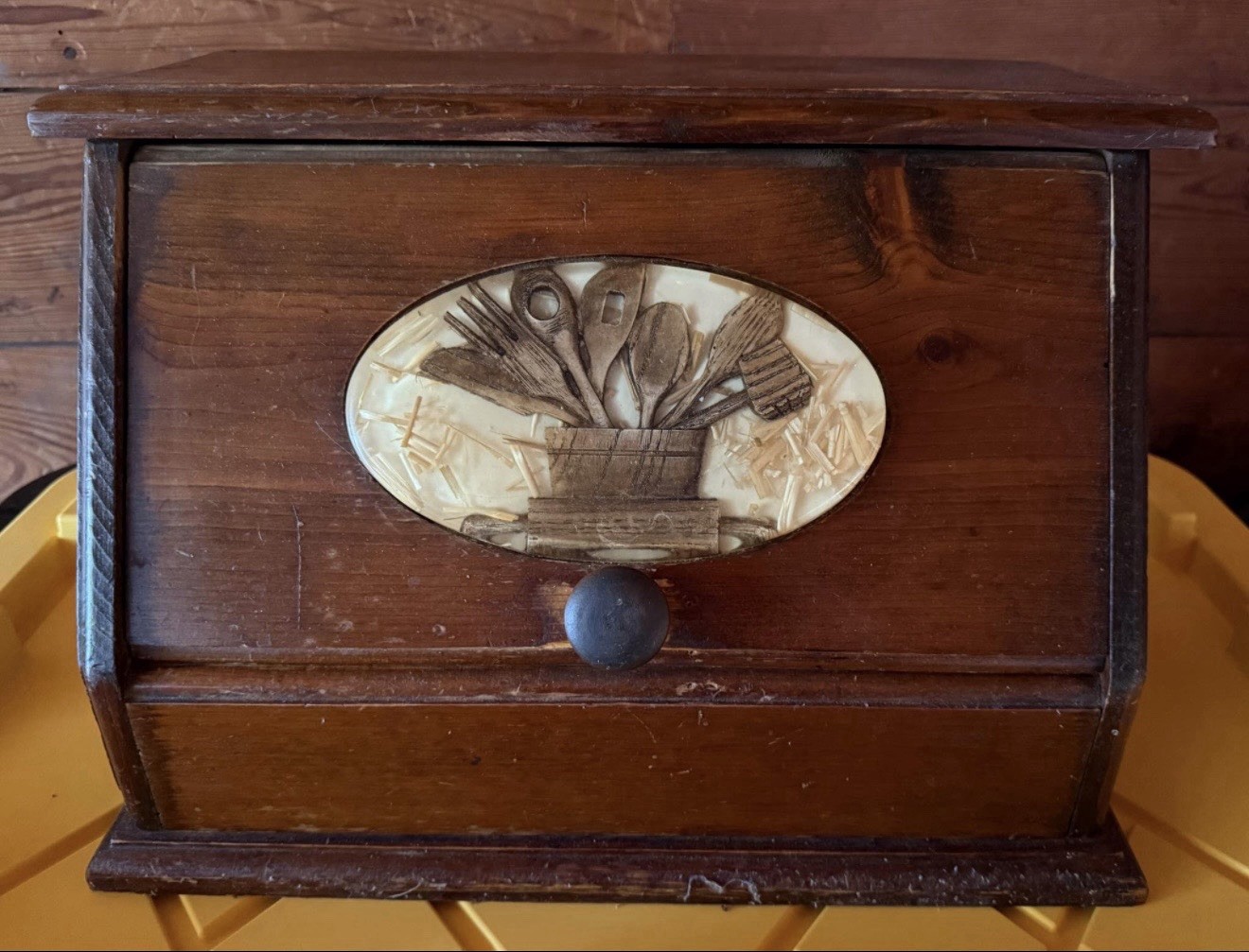 Vintage 1970’s Wooden Bread Box Lucite Resin Inlay with Utensil Design