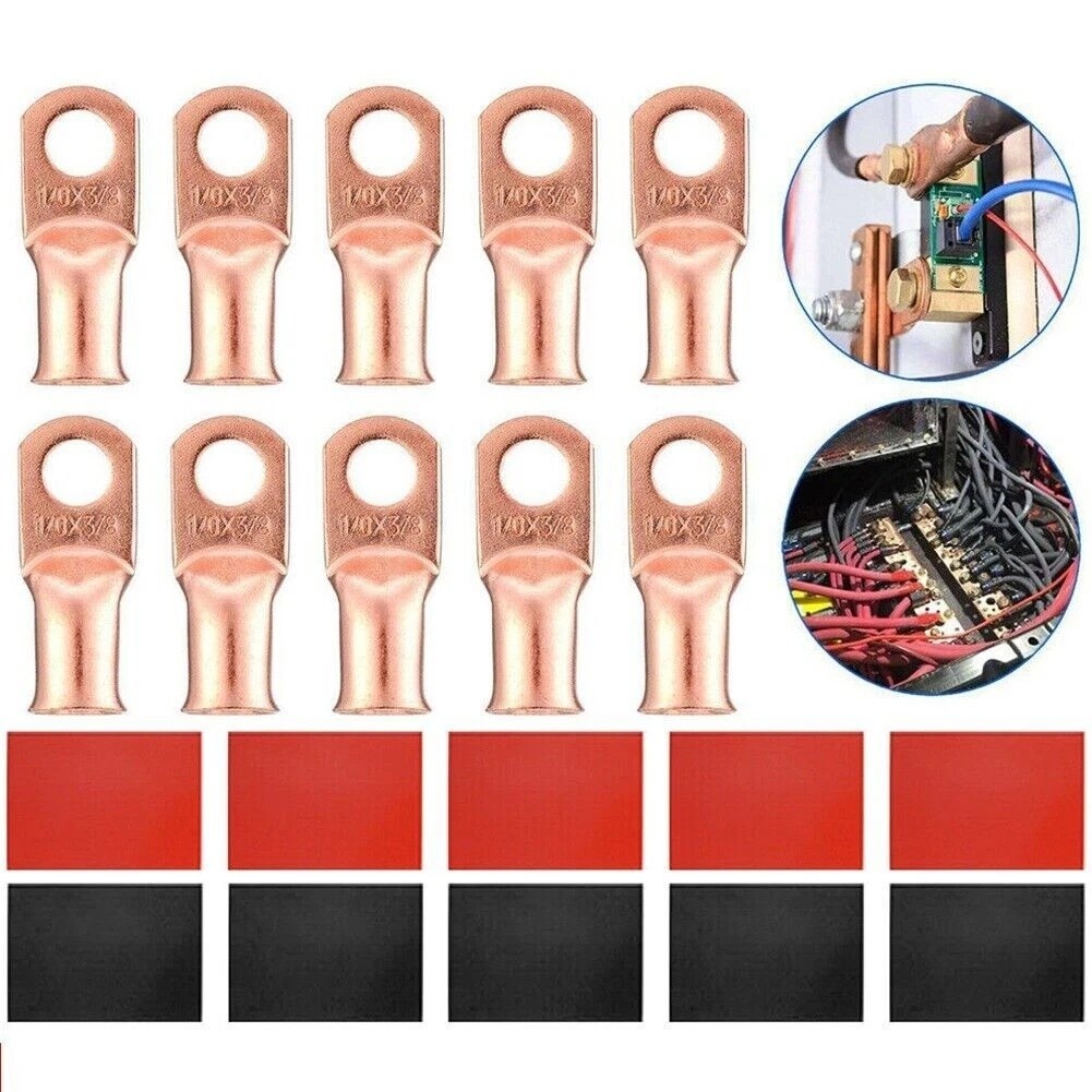 20 pcs 1/0 AWG Gauge Copper Lugs w/ BLACK & RED Heat Shrink Ring Terminals Set