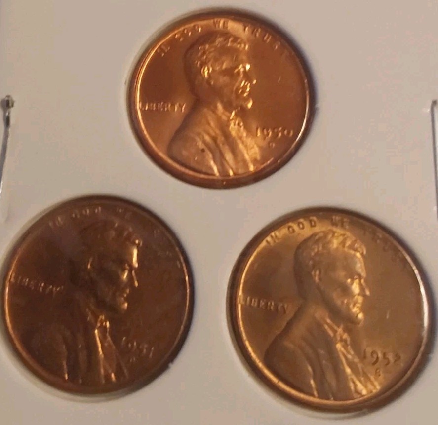 1950-D 1951-D 1952-S Lincoln Wheat Penny Denver San Fran Set(3)-GEM BU OBW 