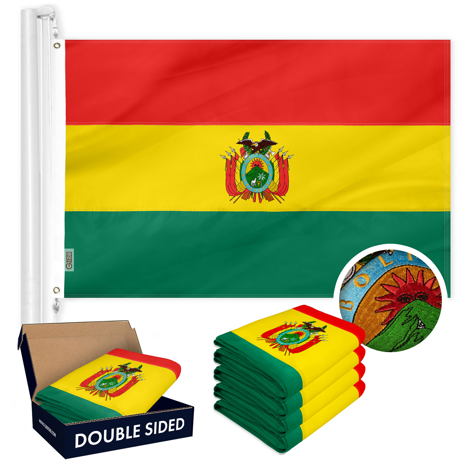 Bolivia Bolivian Flag 3x5FT 5-Pack Double-sided Embroidered Polyester By G128
