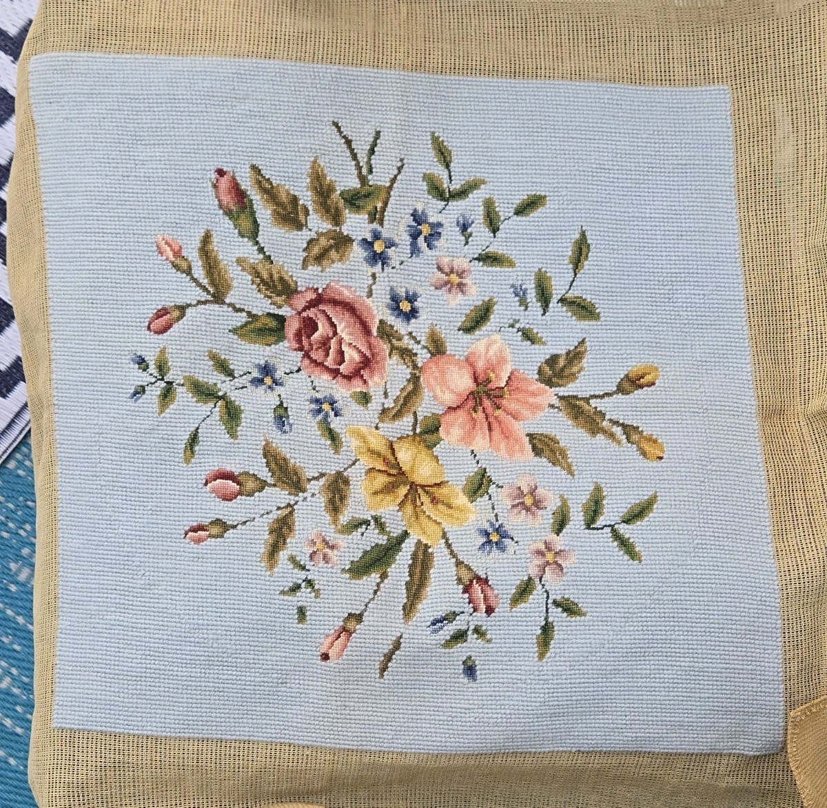 Vintage Hand Stitched Needlepoint Panel Roses Flowers Blue 15x16\