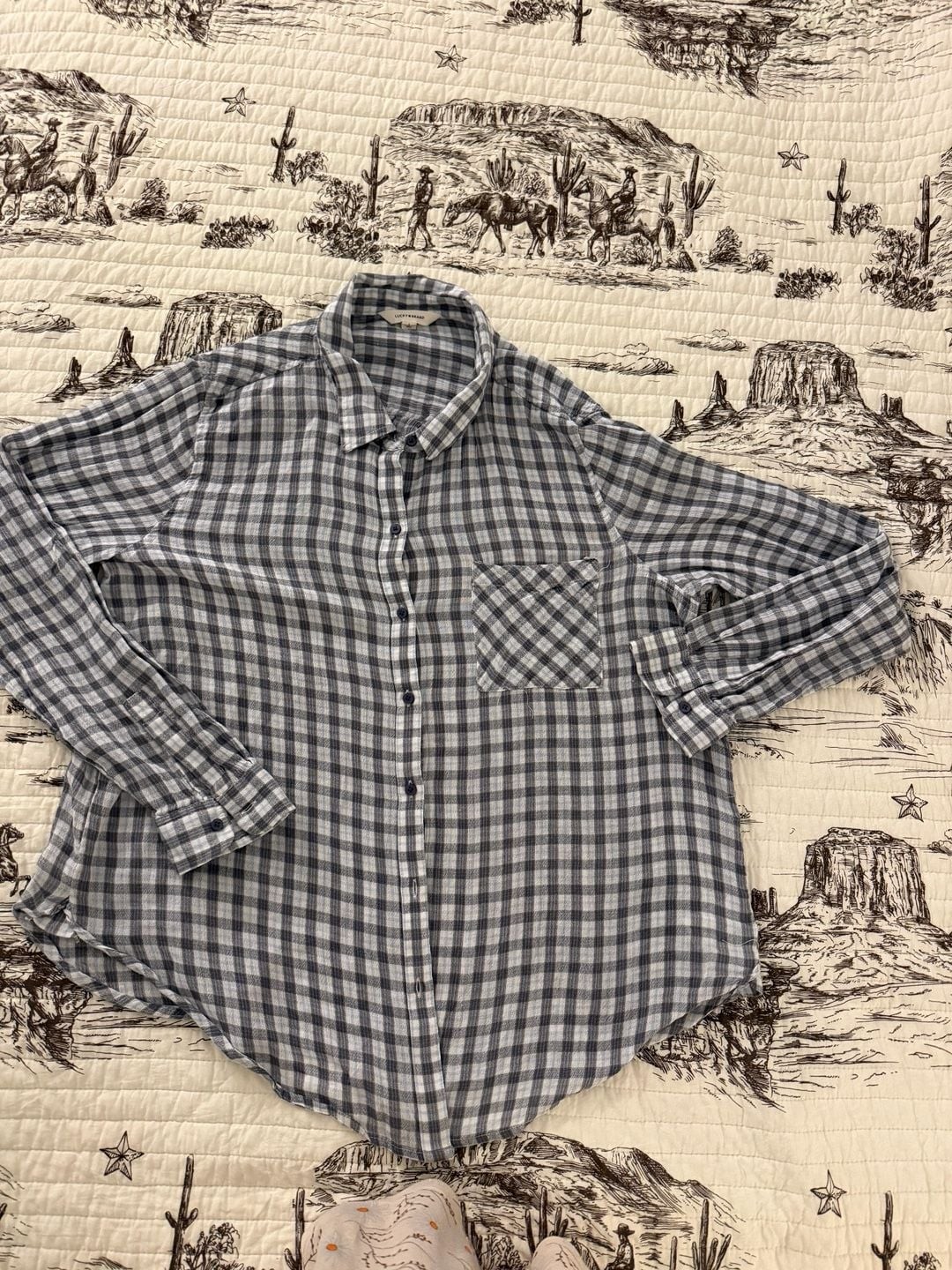 Lucky Brand Plaid Button Down Shirt Size L Blue Gray Cotton Viscose