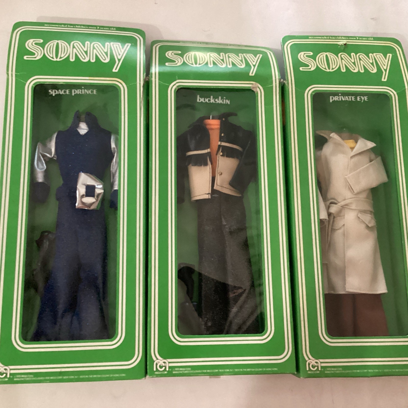 MEGO Lot of 3 MIB Vintage Sonny Bono Outfit Buckskin, Private Eye, Space Prince MEGO Lot of 3 MIB Vintage Sonny Bono Outfit Buckskin, Private Eye, Space Prince