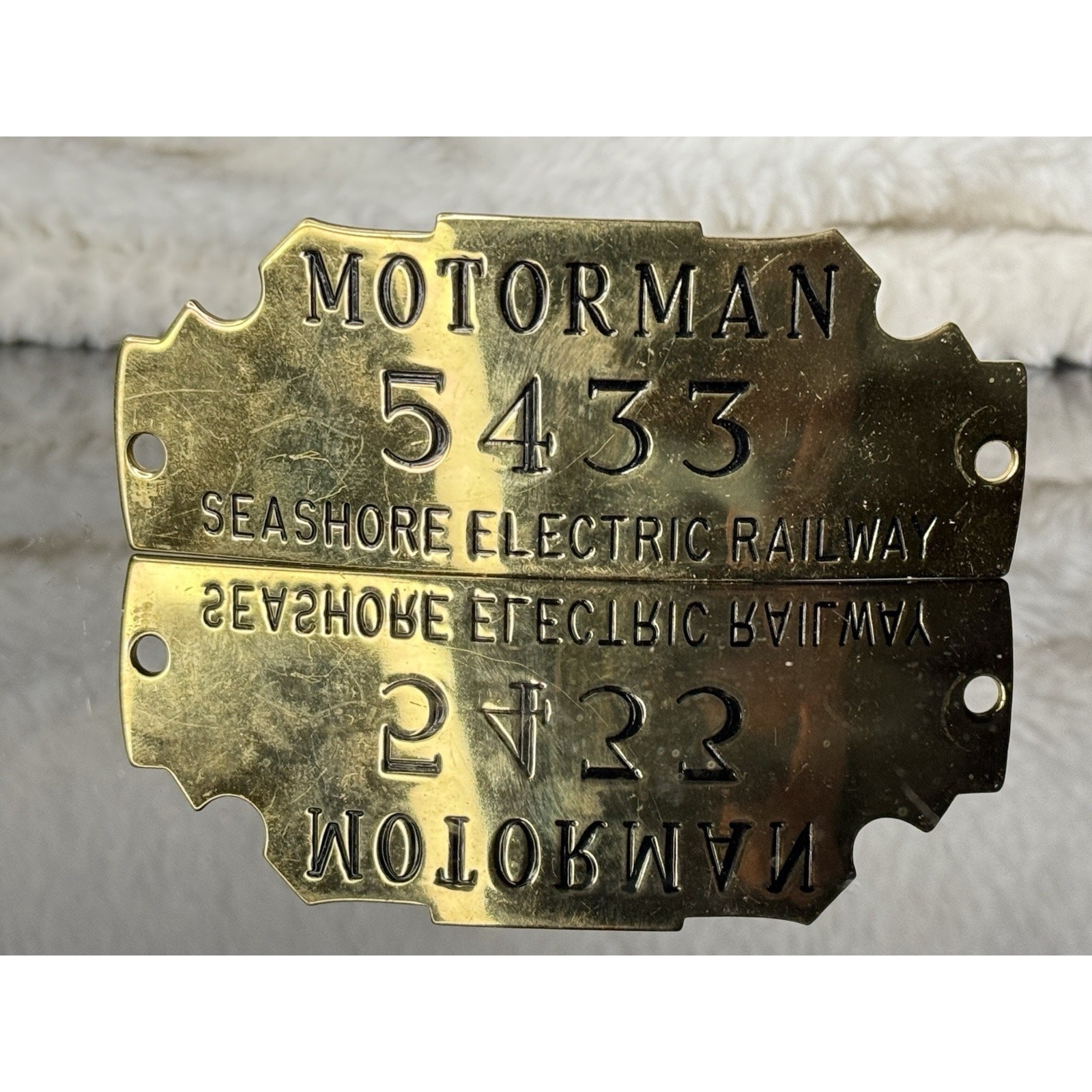 1950 Seashore Electric Railway Motorman 5433 Brass Badge Vintage Trolley Sign