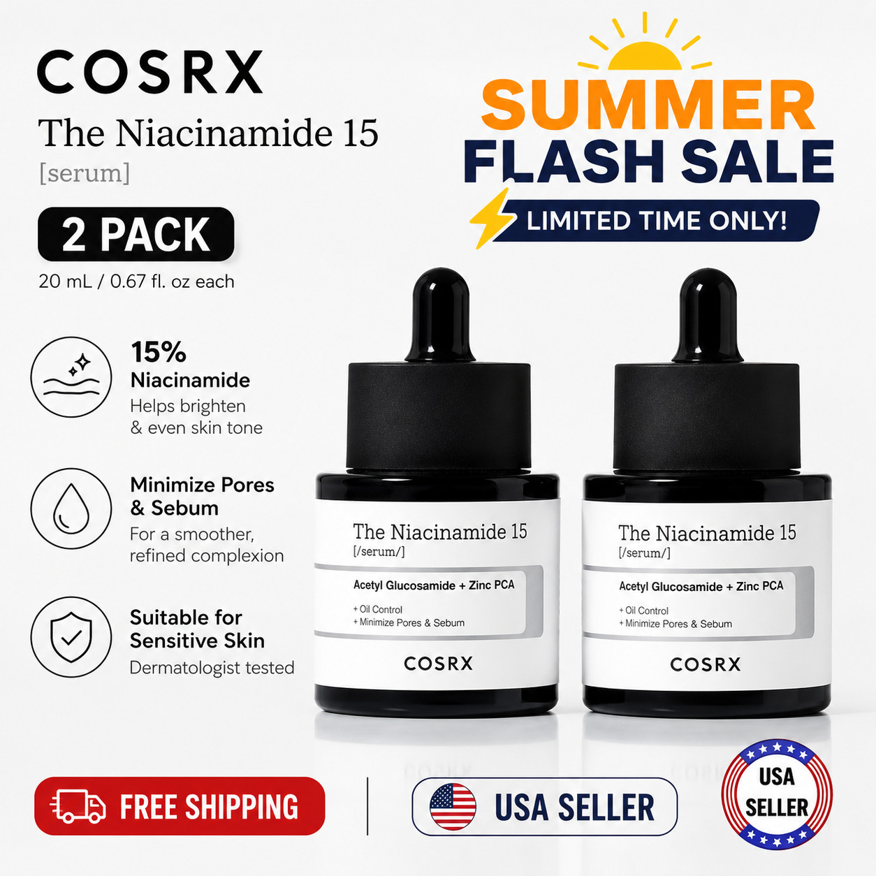 COSRX Niacinamide 15 Serum 20ml x2 Summer Flash Sale K-Beauty NEW SEALED