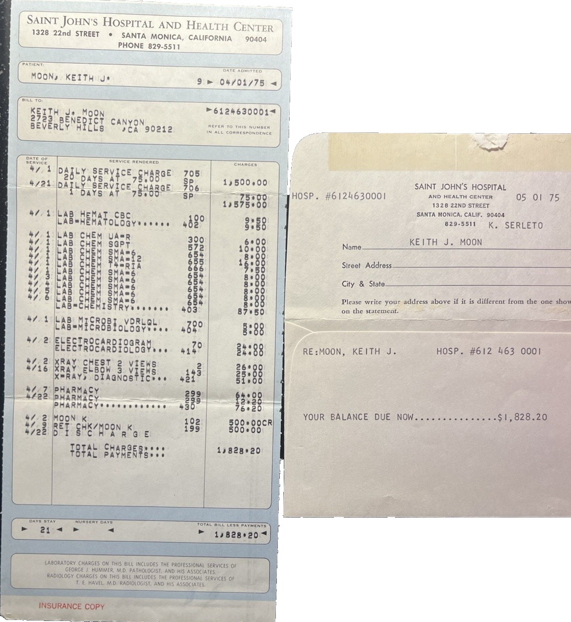 THE WHO KEITH MOON INSANELY RARE 1975 ORIG. ITEMIZED HOSPITAL DISCHARGE BILL