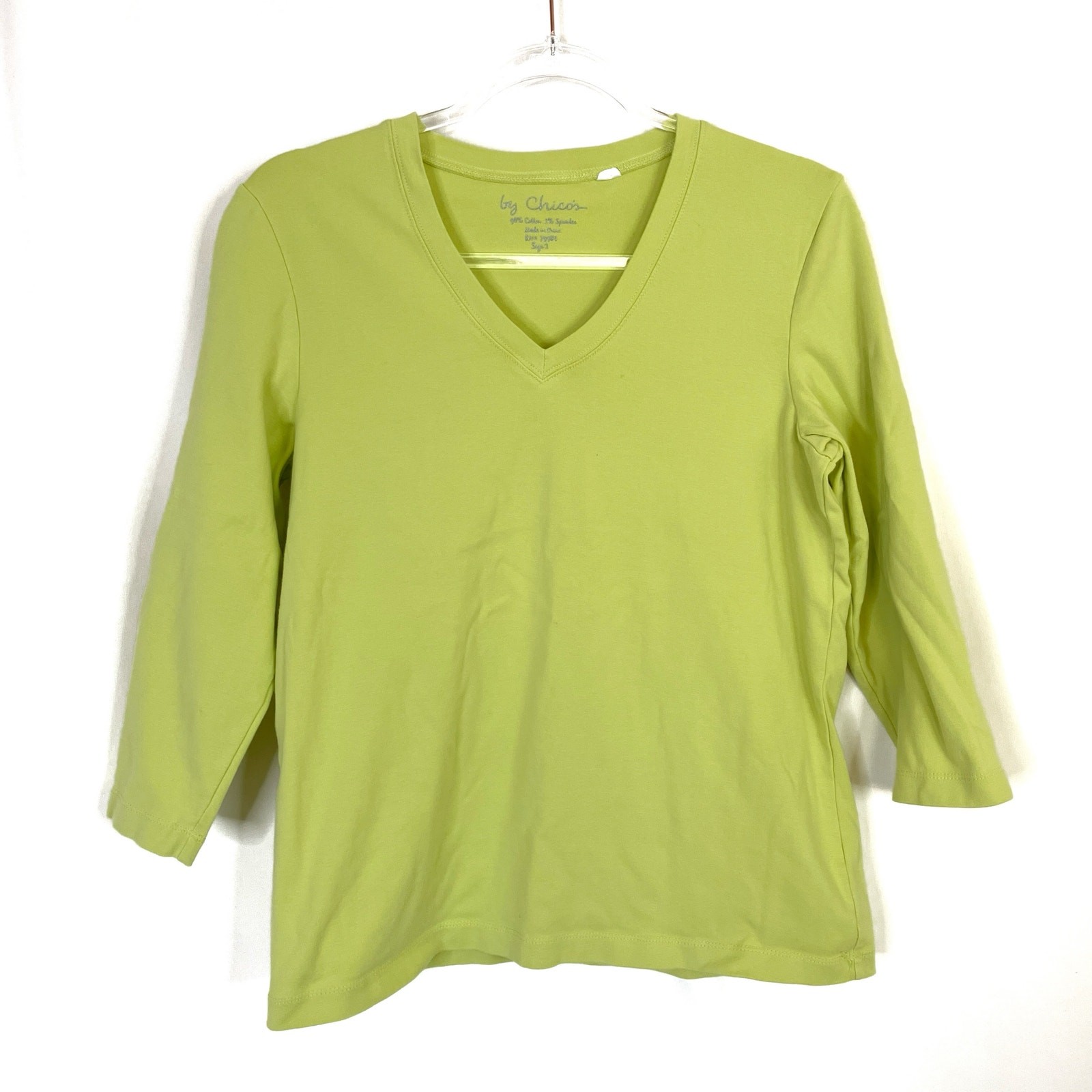 Chico\'s Chartreuse 3/4 Sleeve Cotton Tee Shirt V-Neck Chicos 2/US Womens Large