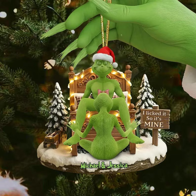 Personalized Grinch Christmas Ornament, Funny Green Monster Couple