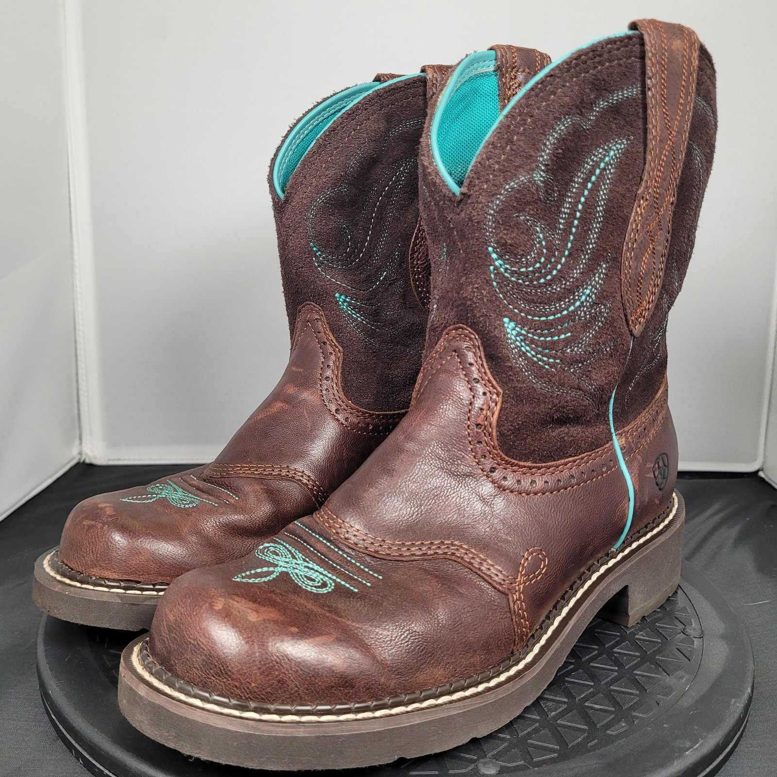 Ariat Western Boots Womens Size 7.5 Brown Fatbaby Turquoise Stitch Round Toe